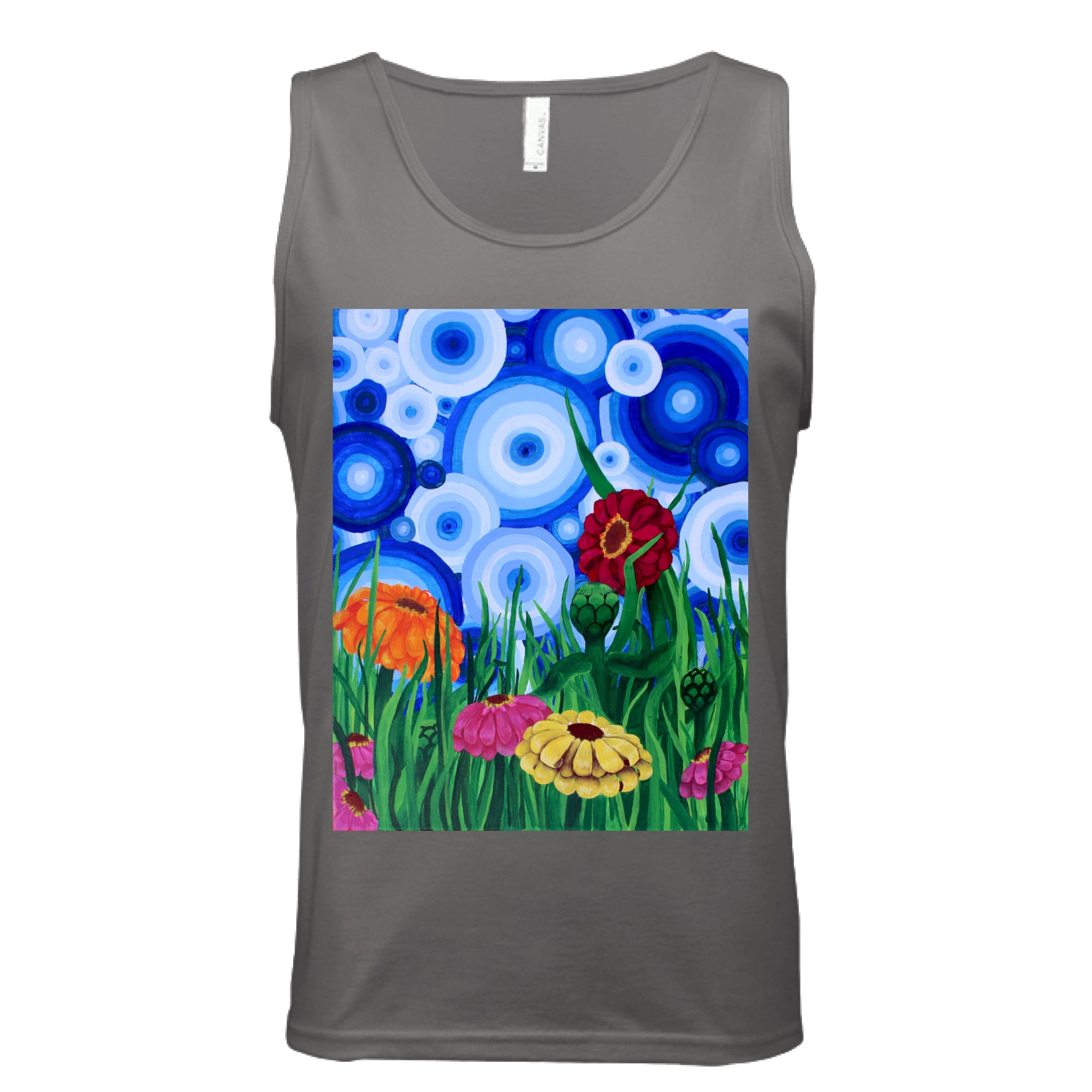 This is the Dark Grey Zinnia 2 Tank by Storm Garden Studio. This showcases the front of the tank. The rectangular illustration are bold and color zinnias like red, yellow and orange across tall green grass. The background has many different circles in blue, dark blue and white. The tank is against a white background.