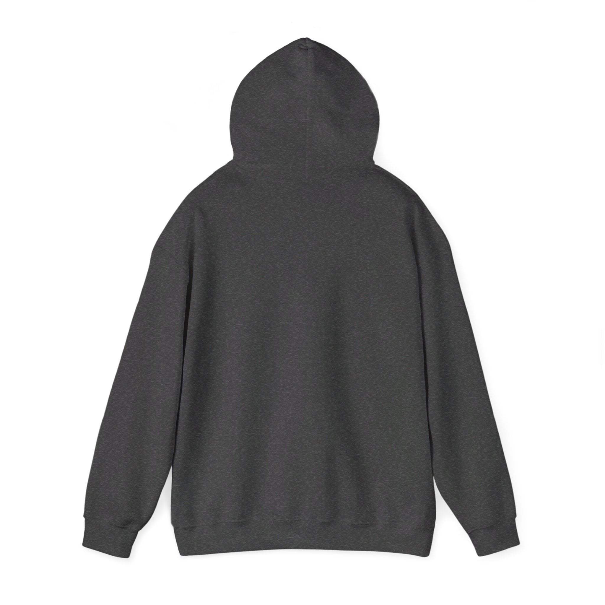 This is the Dark Heather Emotionless Heavy Blend Hoodie by Lee Hansheng Studios. This is the image of the hoodie from the back with the hood up. There is no illustration but there is hemming on the waists and hoodie. The image is against a white background.