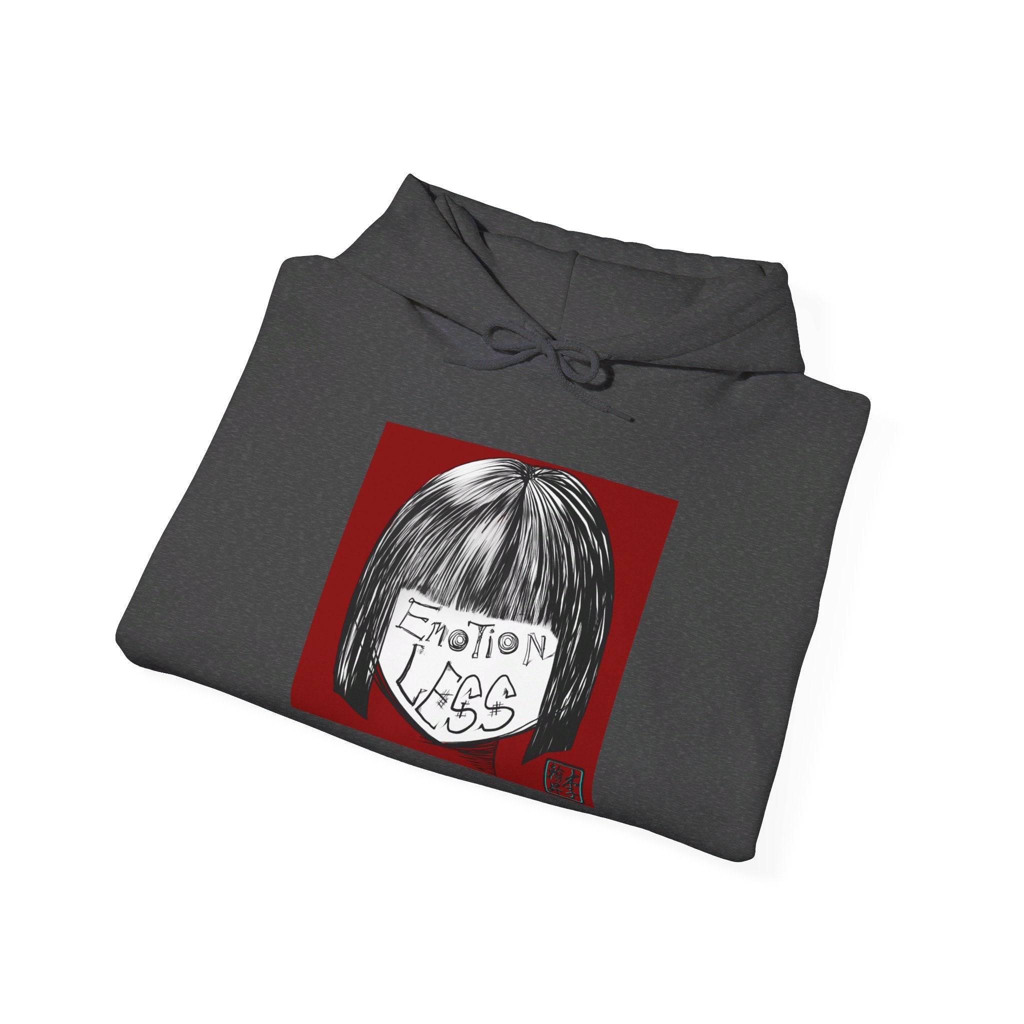 This is the Dark Heather Emotionless Heavy Blend Hoodie by Lee Hansheng Studios. This is the image of the hoodie folded, drawstring in a bowtie that is colormatched. The illustration is squared in the middle, a black haired girl with bangs and her white face has the words, "Emotionless". Behind her is a red background and on the right of the illustration is the Lee Hansheng Studios logo outlined in blue. The image is against a white background.