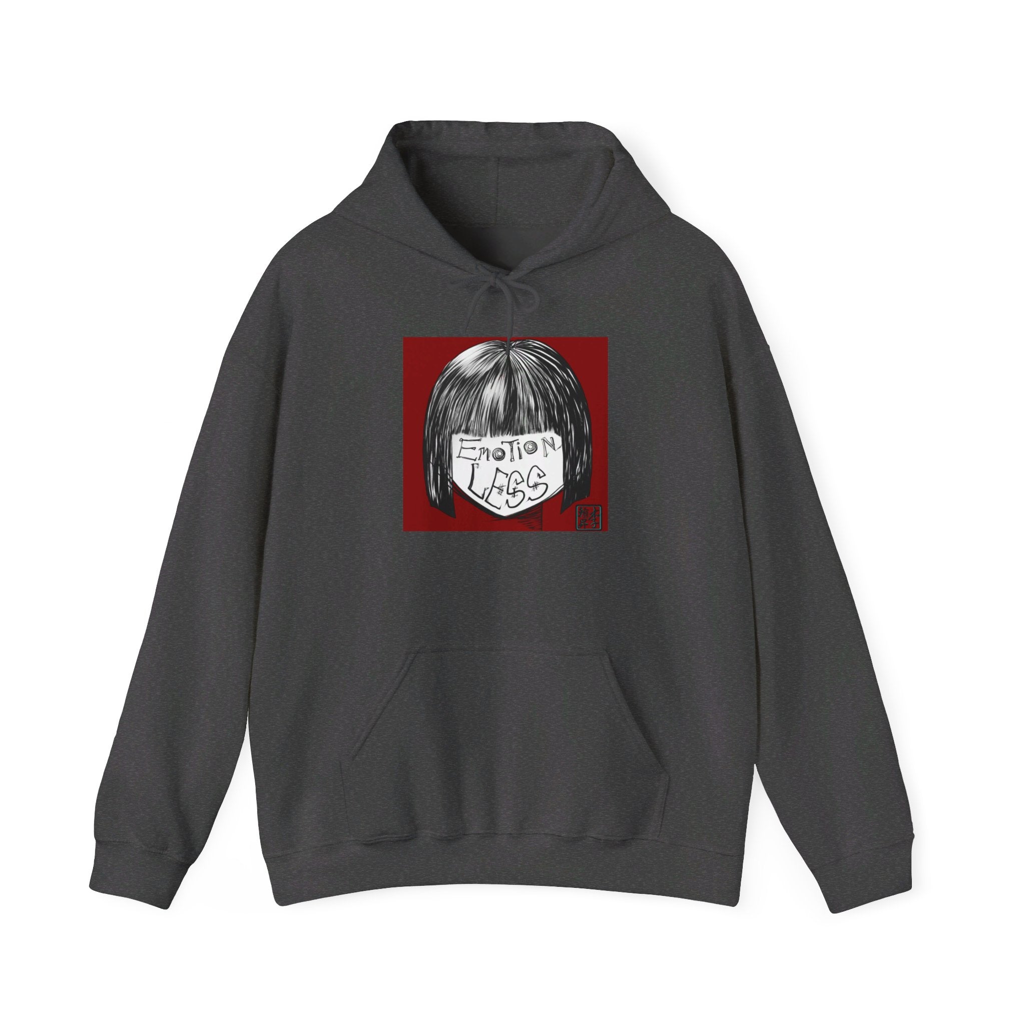 This is the Dark Heather Emotionless Heavy Blend Hoodie by Lee Hansheng Studios. This is the image of the front, drawstring in a bowtie that is colormatched. The illustration is squared in the middle, a black haired girl with bangs and her white face has the words, "Emotionless". Behind her is a red background and on the right of the illustration is the Lee Hansheng Studios logo outlined in blue. There is a kangaroo pocket, hemming on the waists and hoodie. The image is against a white background.