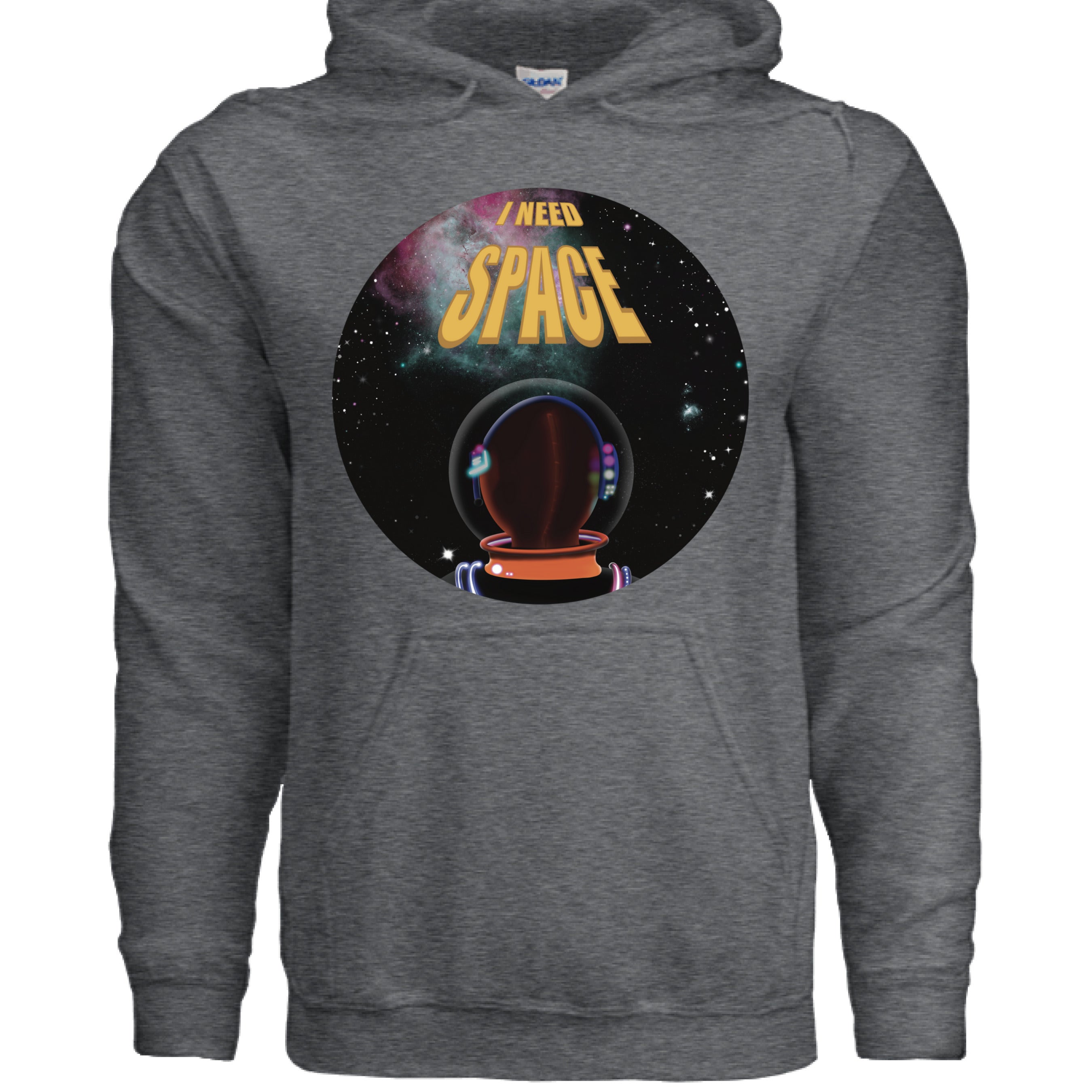 This is the Dark Heather I Need Space Hoodie by Lee Hansheng Studios. This showcases the front. The design is a circle and of an astronaut facing the front. The astronaut is looking towards space black sky, twinkling green, yellow, pink stars and nebula that is pink/red and green closer to the left. The words in yellow, "I NEED SPACE" in the middle, space being larger font than I need. There is a large pocket under the design and drawstrings for the hoodie. The white size label can be seen inside.