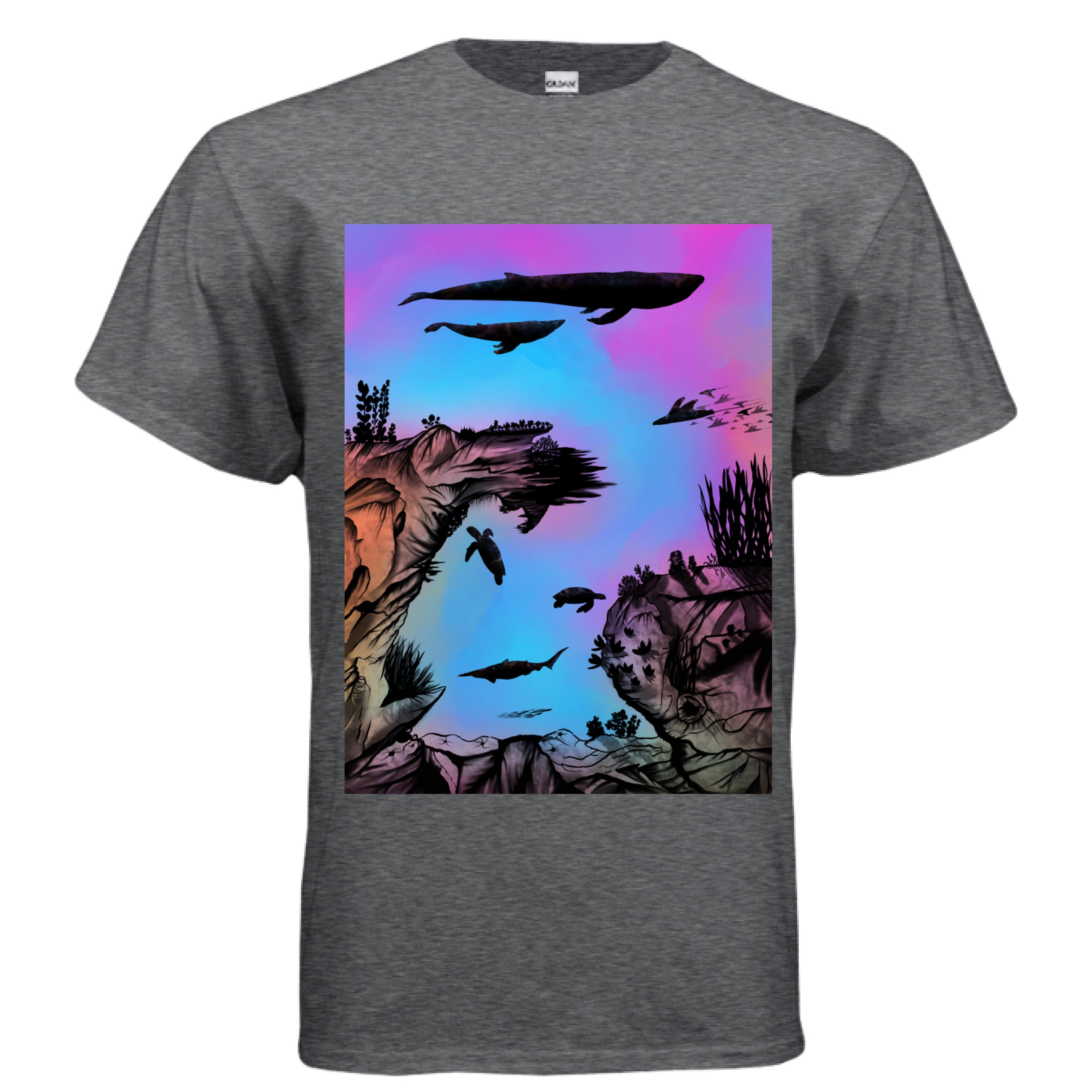 This is the Dark Heather Into the Abyss T-Shirt by Lee Hansheng Studios. This is showcasing the front. The illustration is of an otherworldly underwater world alive with graceful black silhouettes drifting against a luminous gradient of blues, purples, and warm tones throughout the water. To the left, right and bottom are sediment, rocks, seaweed throughout. The top has a humpback whale, another whale, below are a pool of mantis rays, two sea turtles, sea of fish. The white size label can be seen.