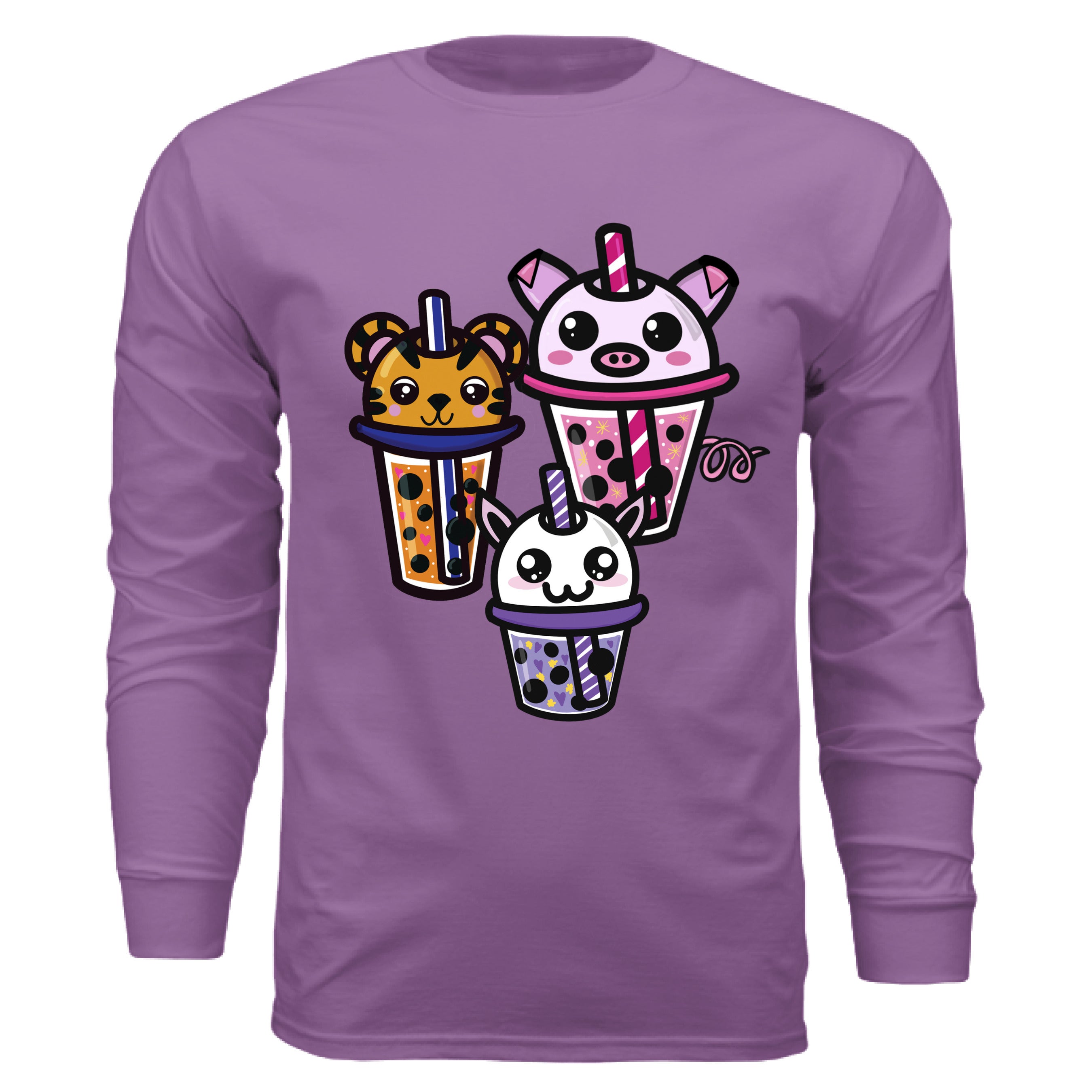 This is the Dark Lavender Boba Friends Long Sleeve by Dazzle & Daggers Design. This is showcasing the front the pig is the biggest, then Tiger then Cryptid. The Piggy Boba is pink all over and the glass has pink liquid, boba, yellow sparkles,white dots and peppermint swirl like. Thai Tea Tiger is orange, orange liquid, black boba, white dots, red hearts, blue and white striped straw. The Cryptid Boba is white, purple and white swirl straw, purple liquid, black boba, yellow stars and purple hearts.