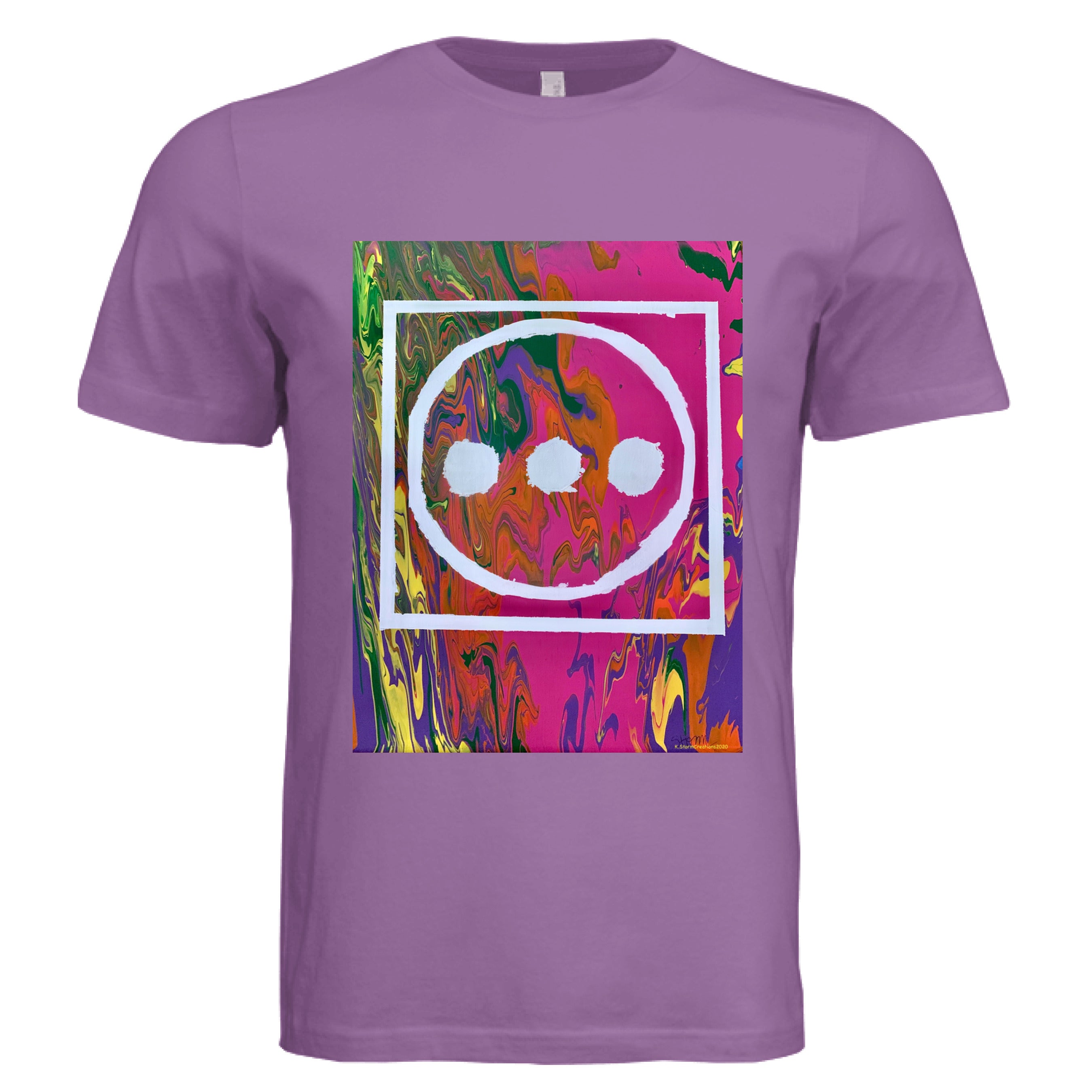 This is the Dark Lavender High T-Shirt by Storm Garden Studio. This image is showcasing the front of the shirt. The illustration is vibrant with pink, orange, yellow, green and purple colors in the background with "...", outlined circle and outline square in white. It is against a white background.