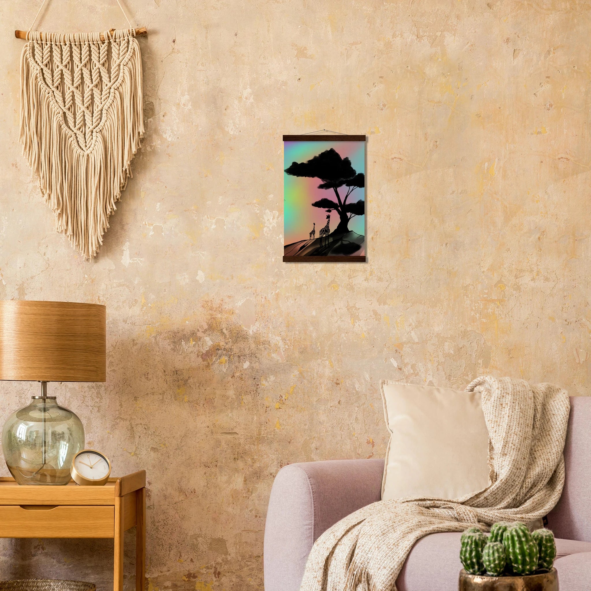 This is the Dark Wood 11" x 17" At a Glance Poster with Hanger by Lee Hansheng Studios. The hanger is on the top with wood pieces on the top and bottom. The illustration is a sillouhette of a large tree, two giraffes on a rocky hill. In the background are hues and gradients of green, yellow, purple, and red. The giraffes are looking towards to each other. Poster on a tan/white wall, boho decor, white sofa and blanket, cactus plan on the right and a light wood side table with glass lamp and gold clock.