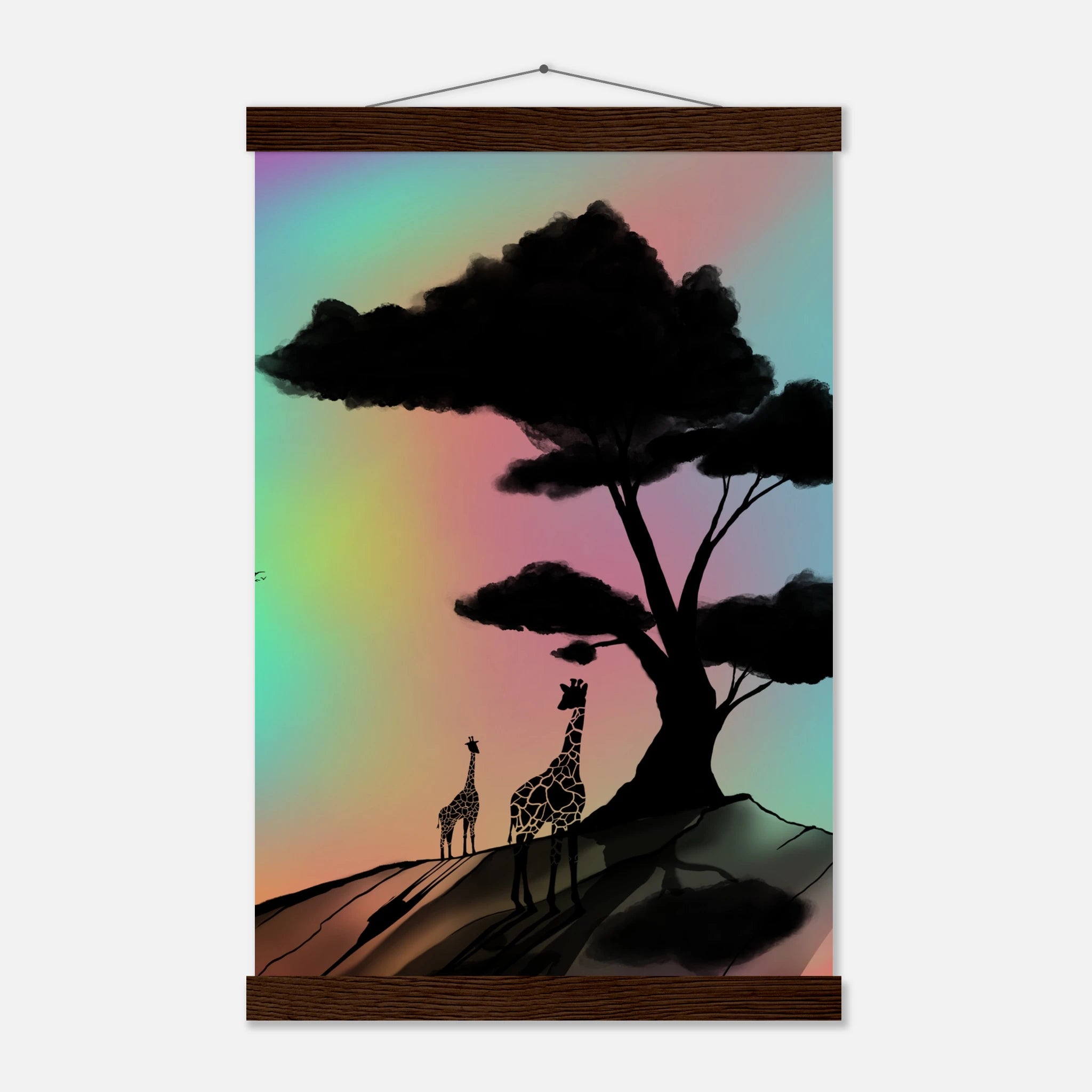 This is the Dark Wood 11" x 17" At a Glance Poster with Hanger by Lee Hansheng Studios. The hanger is on the top with wood pieces on the top and bottom. The illustration is a sillouhette of a large tree, two giraffes on a rocky hill. In the background are hues and gradients of green, yellow, purple, and red. The giraffes are looking towards to each other. It is against a white background.