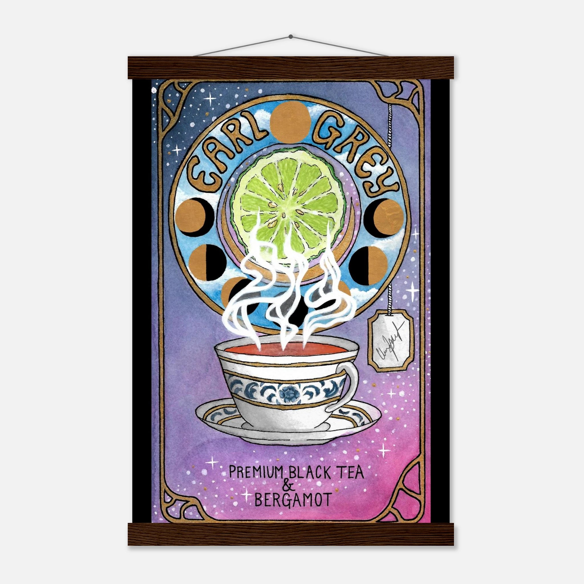 This is the Dark Wood 11" x 17" Earl Grey Poster with Hanger by Chris Foster Design. The illustration is Art Nouveau–inspired design with a blue, white, gold teacup and saucer design. Rich jewel tones, ornate patterns, and the rising steam of bergamot blend. "EARL GREY" outlined in black and font is gold. Under the cup is "PREMIUM BLACK TEA & BERGAMOT" in black. the background is a gradient of blue, purple and pink with glistening white/gold stars. Around there is gold framing like a tarot card.
