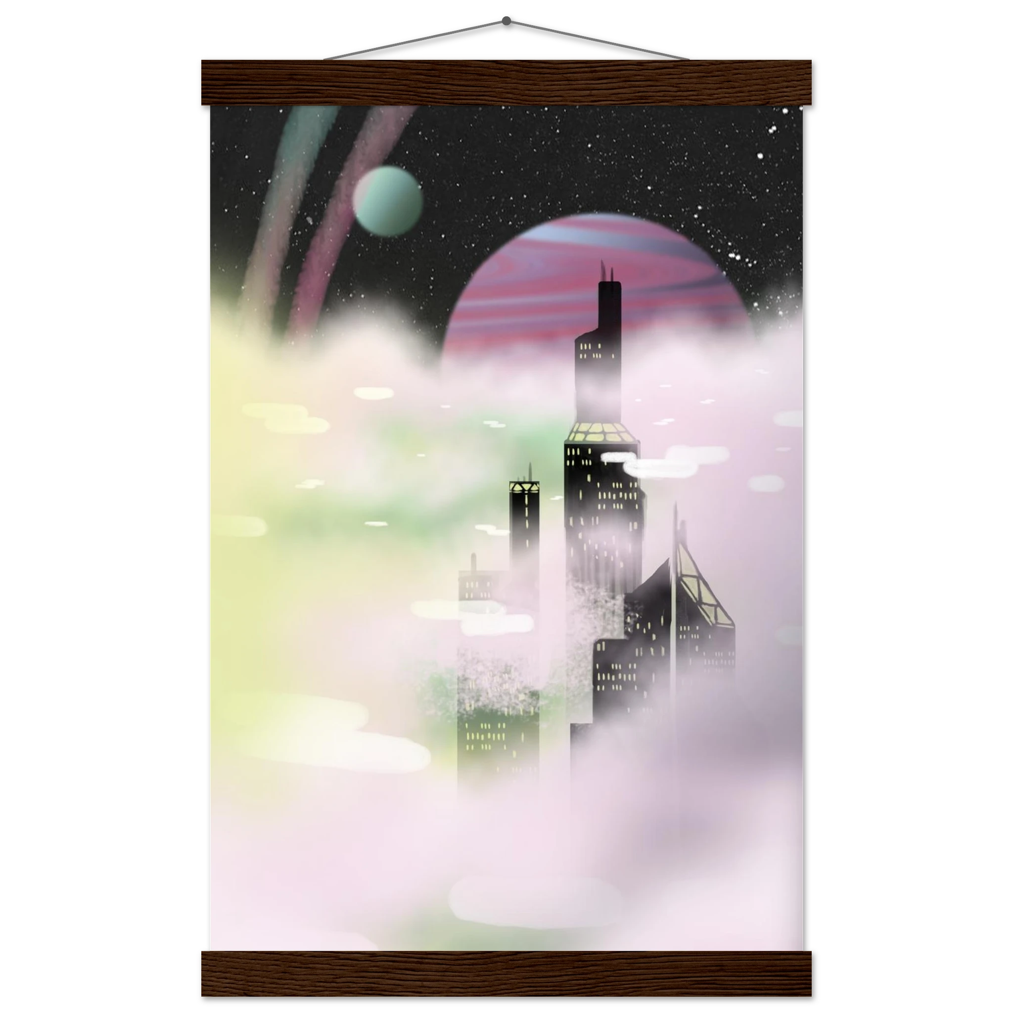 This is the Dark Wood 12" x 18" Space Environment Poster with Hanger by Chris Foster Design. It has a hanger attached to wood on the top. Wood on the bottom. Similar to a scroll. The illustration blends the sharp geometry of towering buildings shadowed in black with yellow windows. Ethereal glow of planetary skies including a dark sky, white dots as stars, circular planet in light blue, pink/purple, streaks of blue/pink in the sky and drifting clouds with hues of green, pink and white.