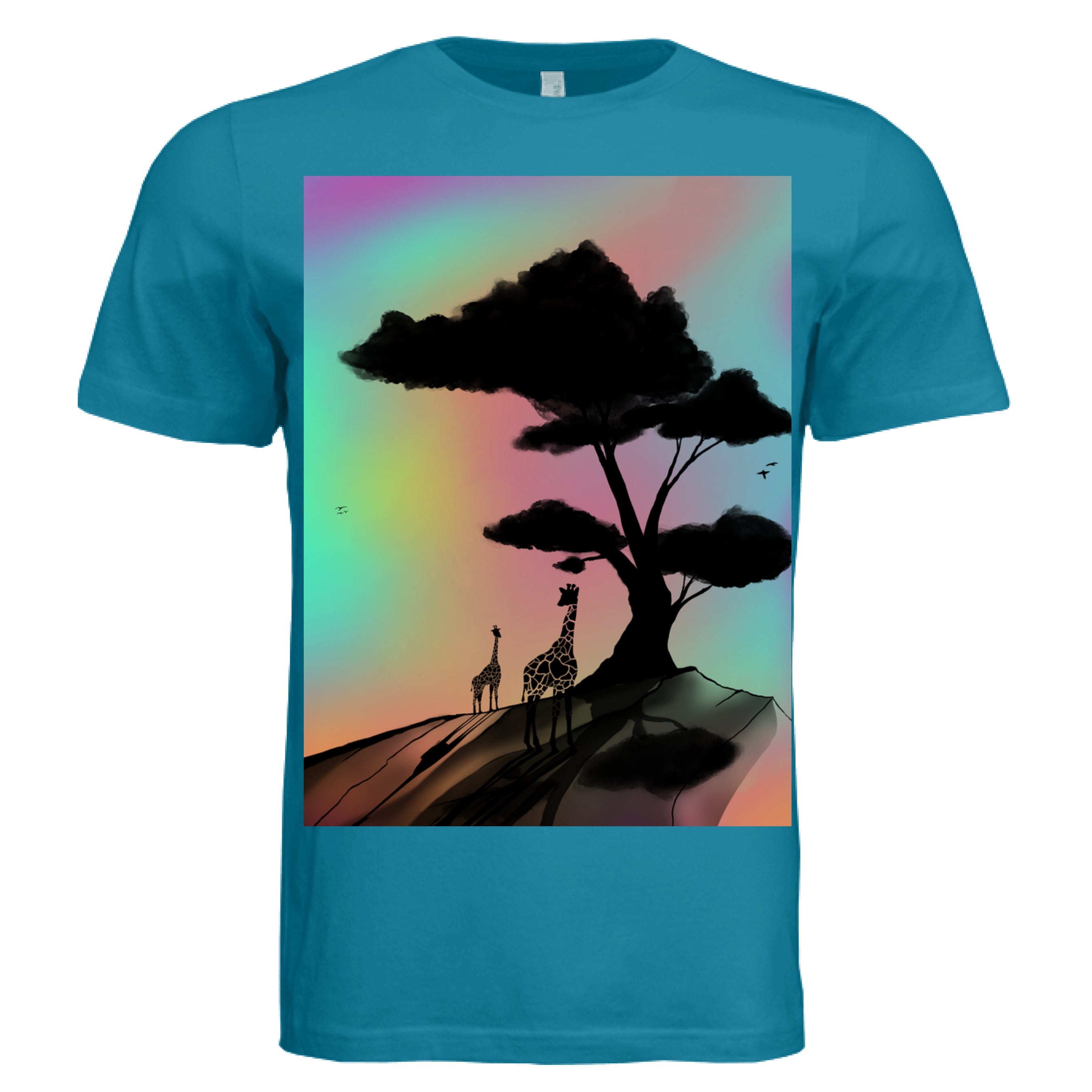 This is the Deep Teal At A Glance T-Shirt by Lee Hansheng Studios. This is showcasing the front of the shirt. The illustration is a sillouhette of a large tree, two giraffes on a rocky hill. In the background are hues and gradients of green, yellow, purple, and red. The giraffes are looking towards to each other. It is against a white background.