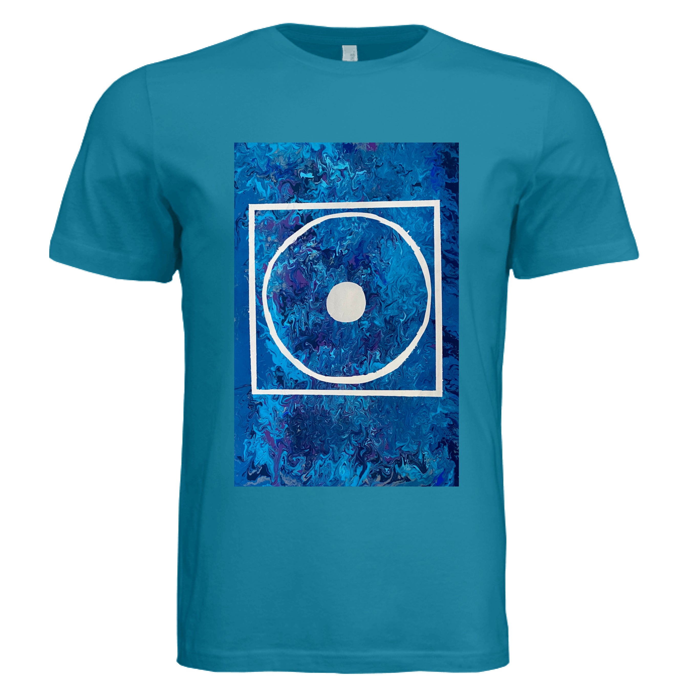 This is the Deep Teal Big Low T-Shirt by Storm Garden Studio. This is showcasing the front of the shirt. The illustration is rectangular and has a white filled in dot, within a outlined circle, within a outlined rectangle. The background is a mix and dip of different blues. The shirt is against a white background.