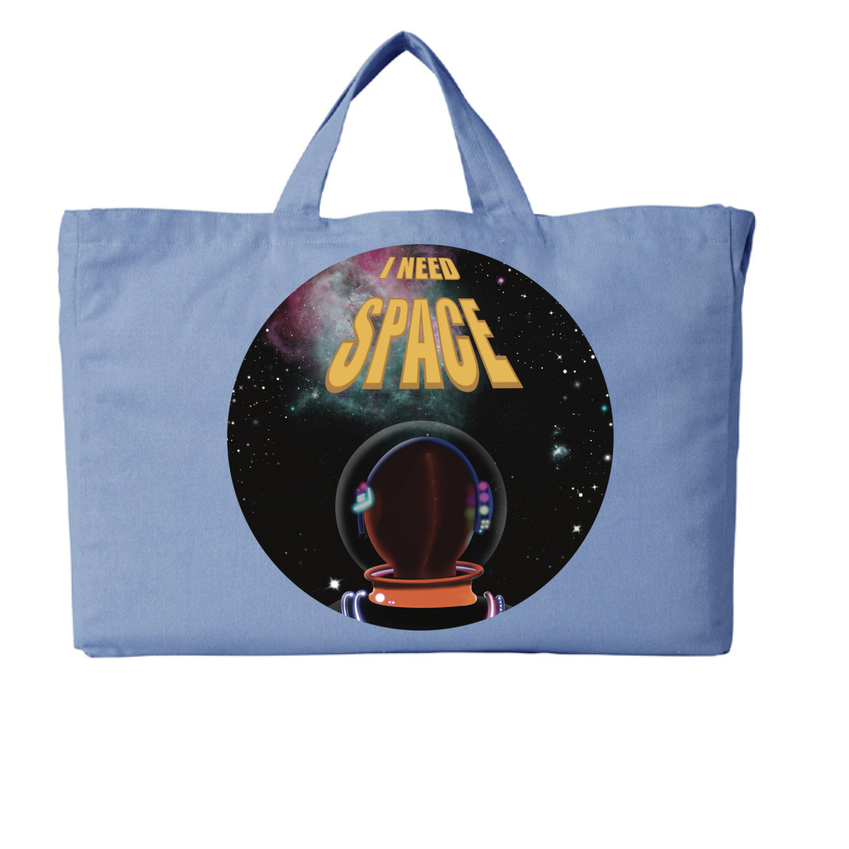 This is the Elemental Blue I Need Space G2G Tote by Lee Hansheng Studios. This is showcasing the front and is an oversized tote. The design is a circle and of an astronaut facing the front. The astronaut is looking towards space black sky, twinkling green, yellow, pink stars and nebula that is pink/red and green closer to the left. The words in yellow, "I NEED SPACE" in the middle, space being larger font than I need. It is against a white background.