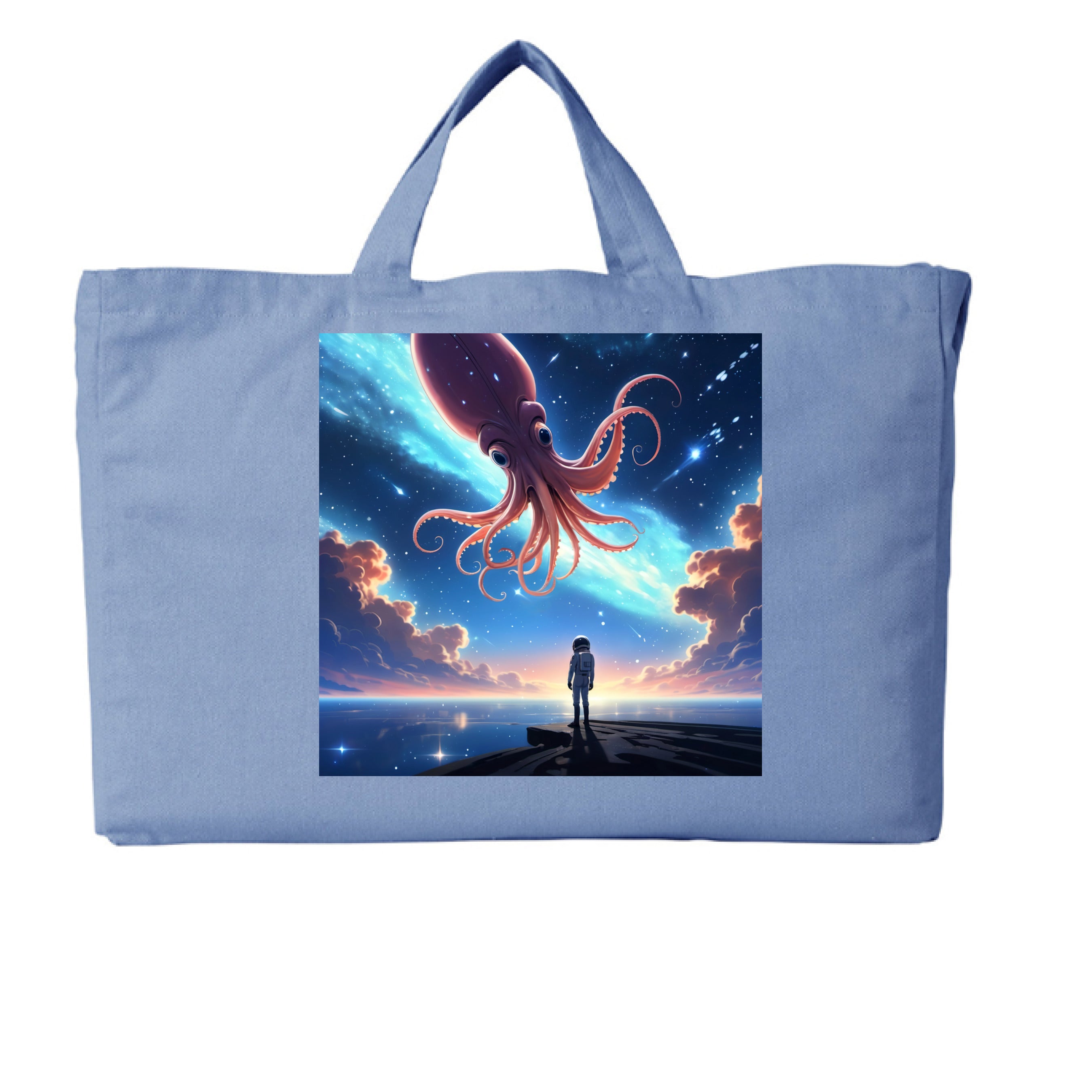 This is the Elemental Blue Star Maker G2G Tote by Lee Hansheng Studios. This is showcasing the front. The illustration is squared.Features a lone astronaut in white, standing on a dark surface gazing at a pink octo-squid alien, drifting through a sky. The sky is alive with stars, nebulae, and clouds. The clouds are drifting up at the right and left with pink/blue hues. The sky is a light blue and the drifting stars behind the animal is a light blue. It is against a white background.