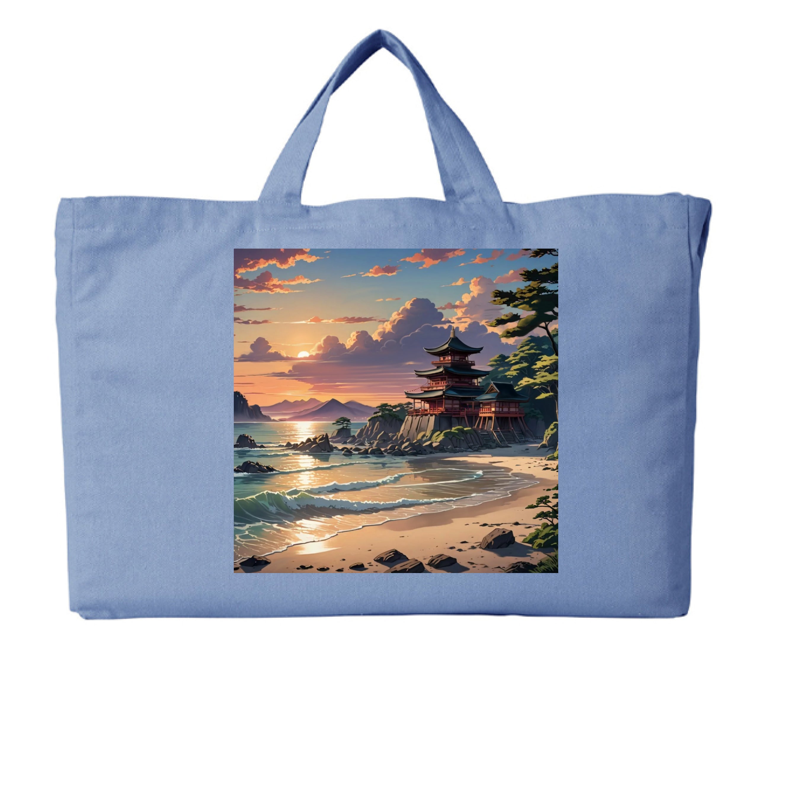 This is the Elemental Blue Temple of Peace G2G Tote by Lee Hansheng Studios. This is showcasing the front.The illustration is squared and showcases a landscape.In the forefront are crashing light blue,white waves hitting the tan beach,scattered rocks lining the beach to the right where trees are peaking out.In the back is a temple on rocky land that is red with green/black tops.In the background are more mountains and fluffy clouds with the sun rising.The sky is mixed with blue,yellow and red colors.