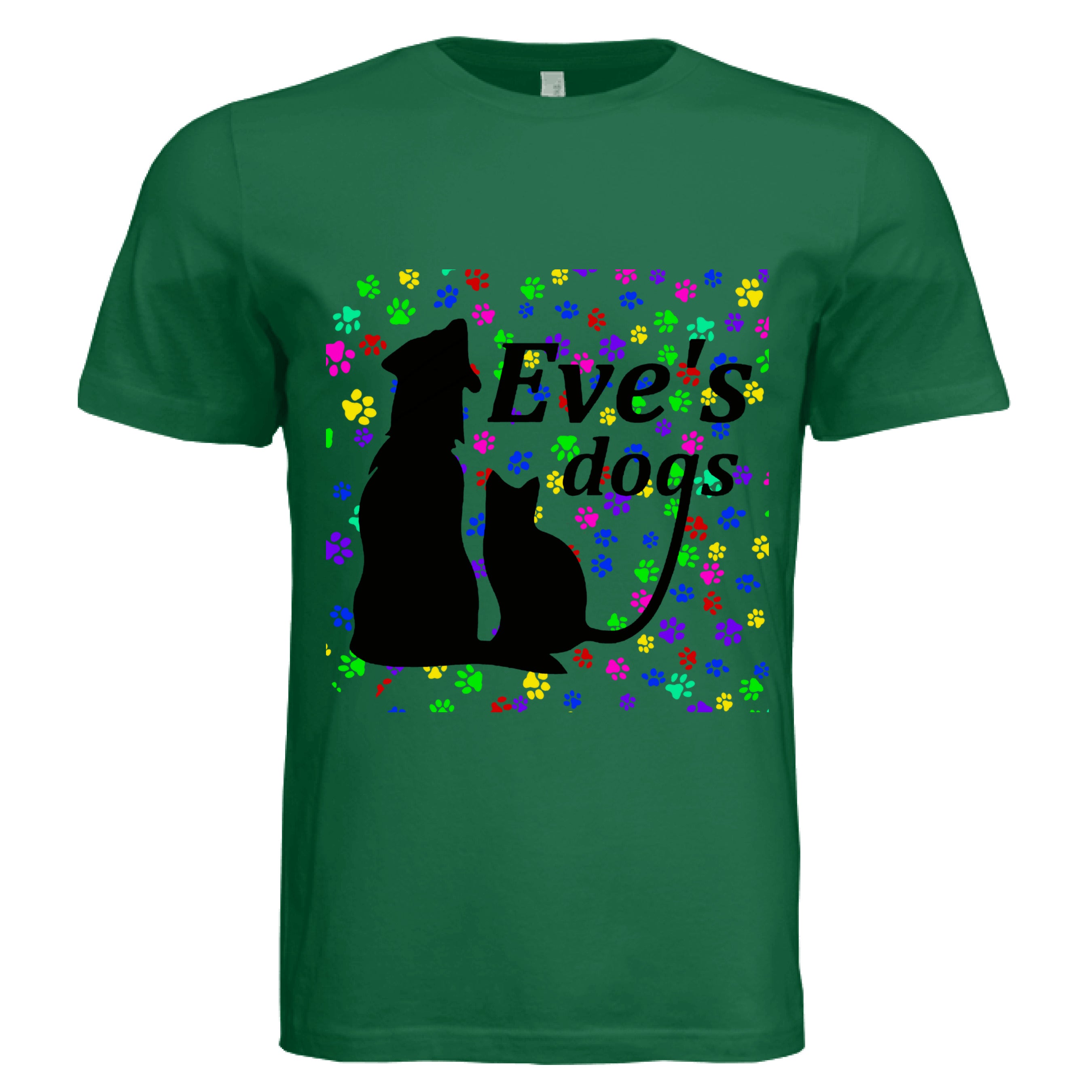 This is the Evergreen Paws on Paws Adopt Eve's Dogs T-Shirt to help raise awareness and adopt. This is showcasing the front of the shirt. There is an image of their logo which is in black writing of "Eve's Dogs". The "g" connects to the tail of the cat who is sitting next to the dog. Both are black shadows. The background is colorful paw prints which is bright green, blue pink, yellow and red. The white size label can be seen at the inside of the shirt. It is against a white background.