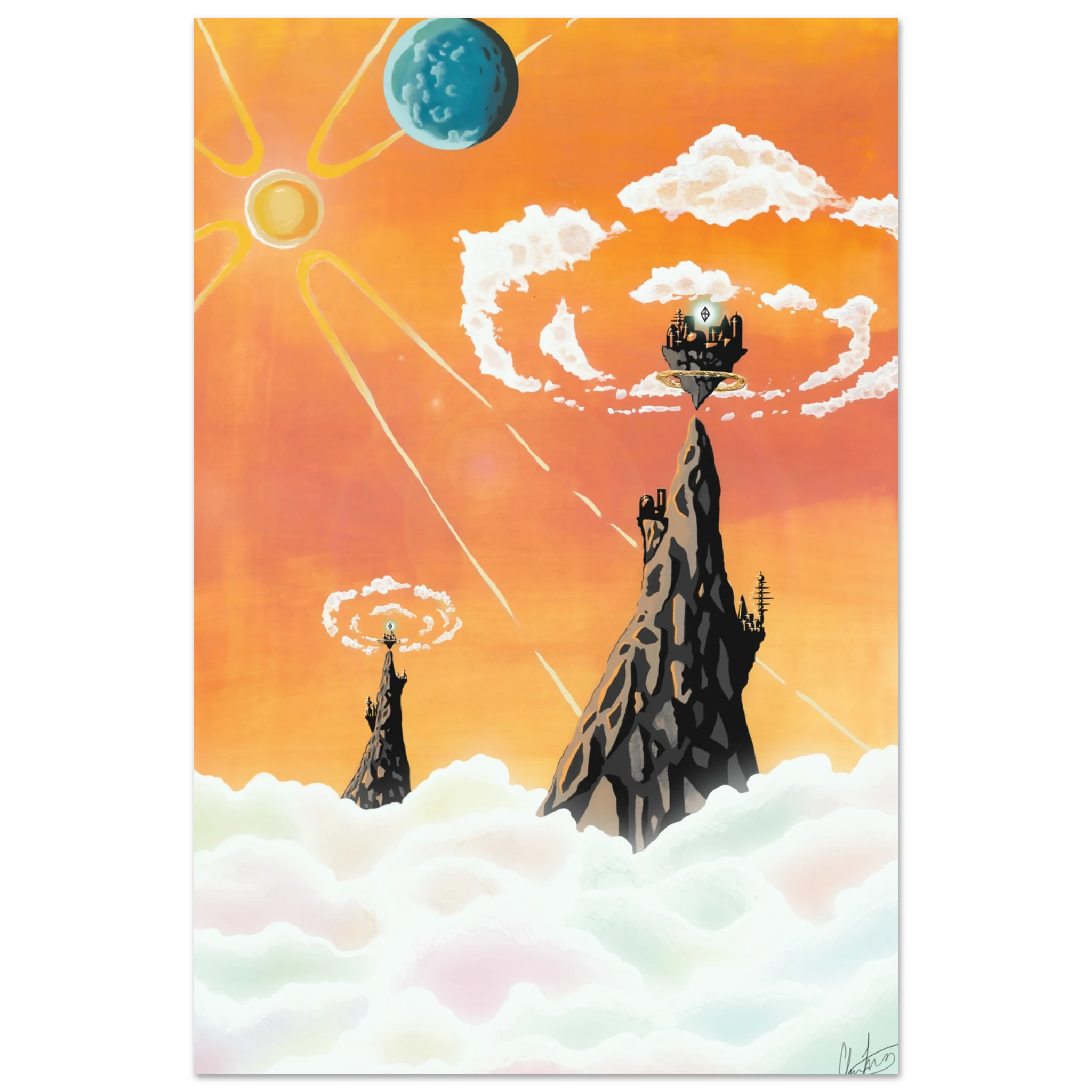 This is the 11" x 17" Floating Cities on a Distant Planet Canvas Print by Chris Foster Design. The illustration is an asrtistic depiction of a futuristic cityscape with towers and a sun-like object in an orange sky. Clouds below mixed with pink, blue, orange hues and a blue planet floating in the sky to the left. Clouds are circuling two points of the planet with a shimmery white/green diamond on the center of each city. It is against a white and black checkered background.