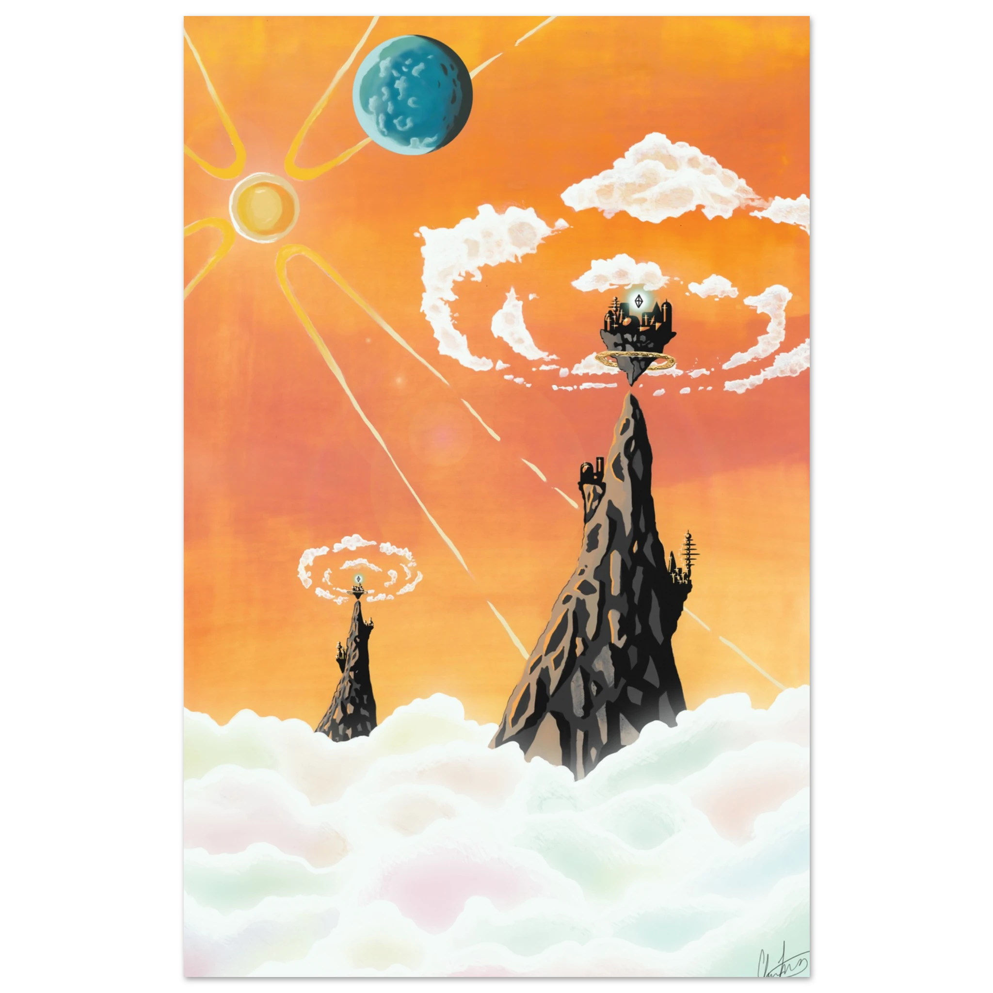 This is the 12" x 18" Floating Cities on a Distant Planet Canvas Print by Chris Foster Design. The illustration is an asrtistic depiction of a futuristic cityscape with towers and a sun-like object in an orange sky. Clouds below mixed with pink, blue, orange hues and a blue planet floating in the sky to the left. Clouds are circuling two points of the planet with a shimmery white/green diamond on the center of each city. It is against a white and black checkered background.