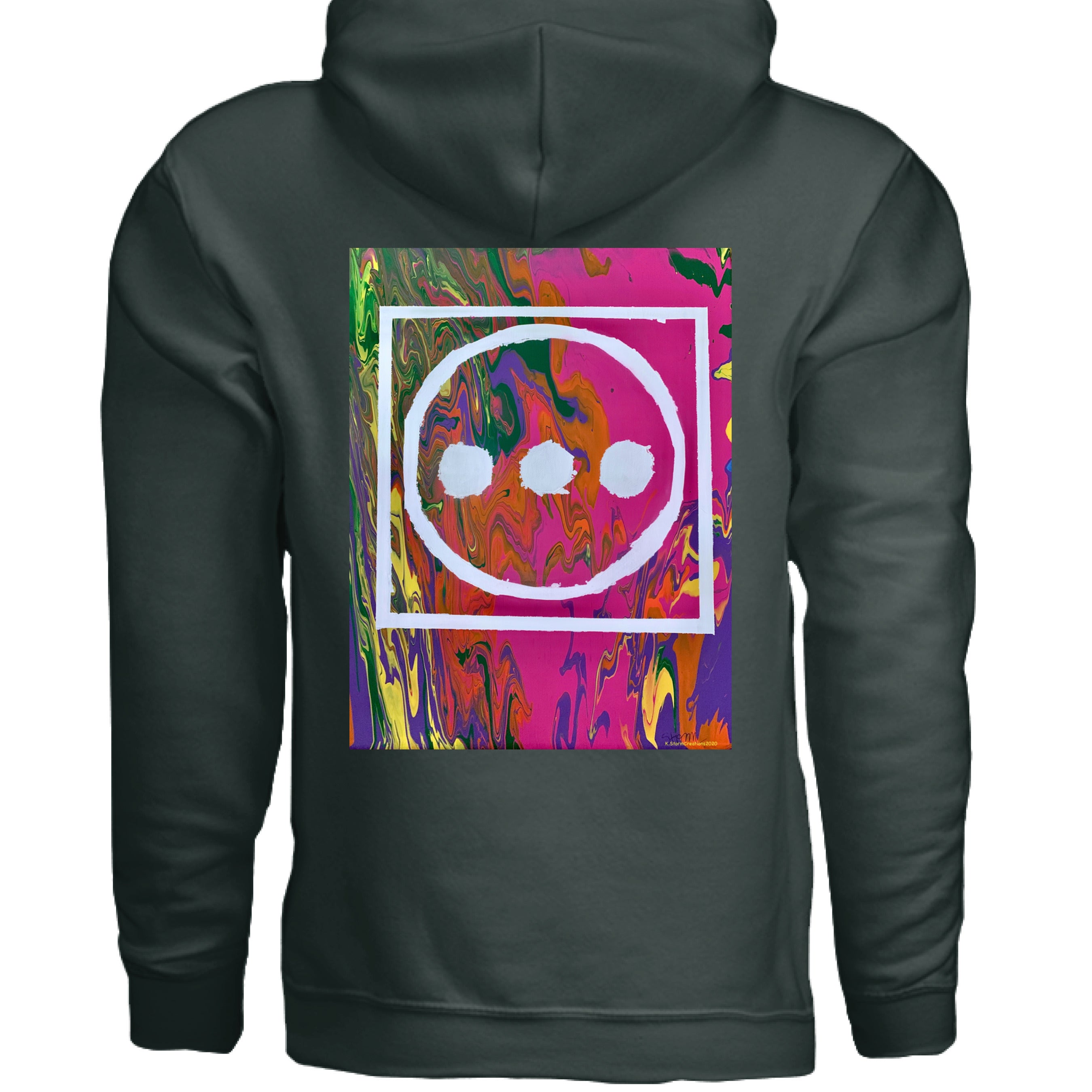 This is the Forest Green High Hoodie by Storm Garden Studio. This image is showcasing the back of the hoodie. The illustration is vibrant with pink, orange, yellow, green and purple colors in the background with "...", outlined circle and outline square in white. There's a hood above the illustration and there's nothing below the illustration. It is against a white background.