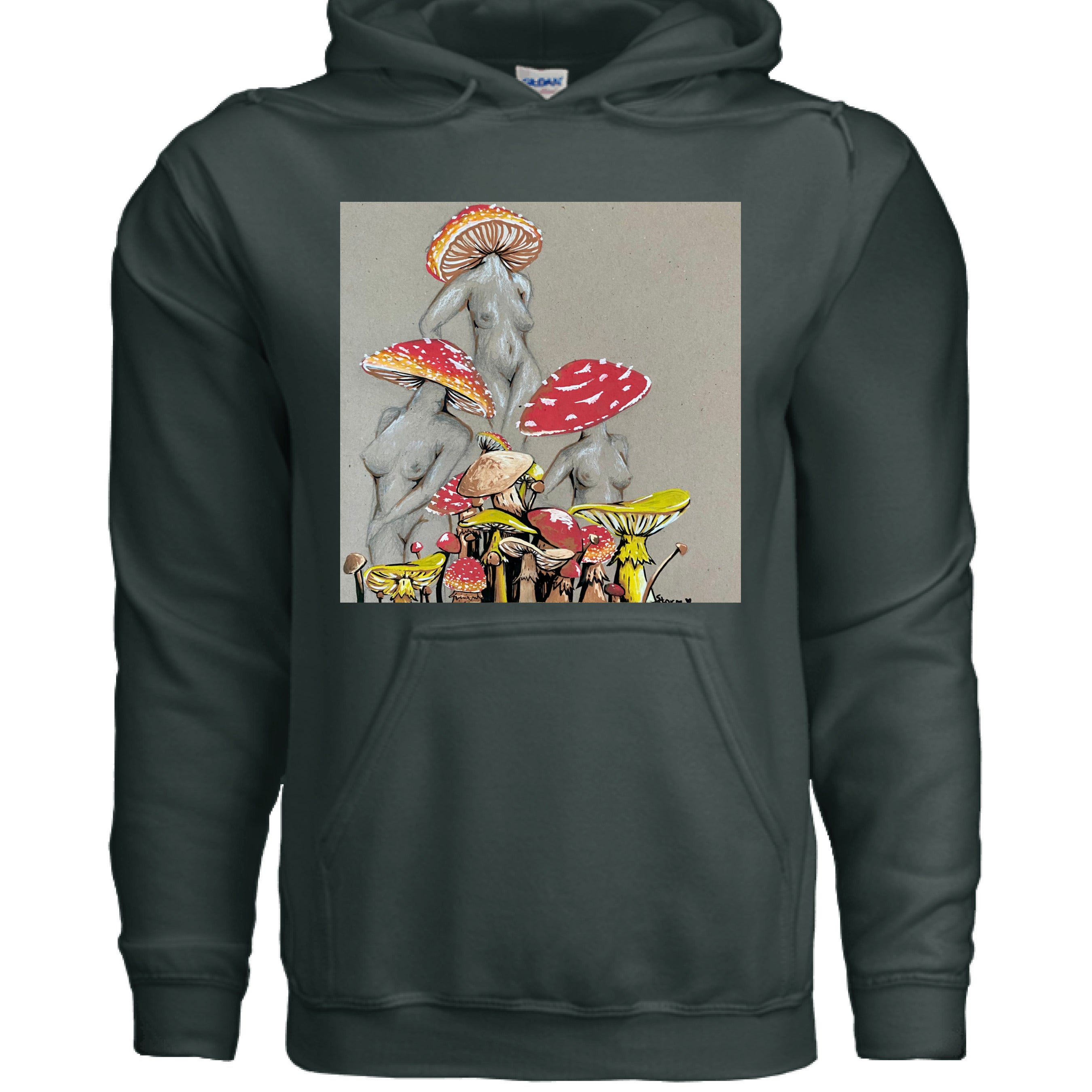 This is the Forest Green Miss Amanita Hoodie by Storm Garden Studio. This is showcasing the front. This illustration is on tan/grey background. There are three fusions of female human anatomy and mushroom fungi. Their heads are different styles of mushrooms, bodies are a gray/white outlined in brown. Below are different mushrooms and shapes with a mix of tan, red, white and yellow colors. The pouch is right under the image and drawstrings on the hoodie. It is against a white background.