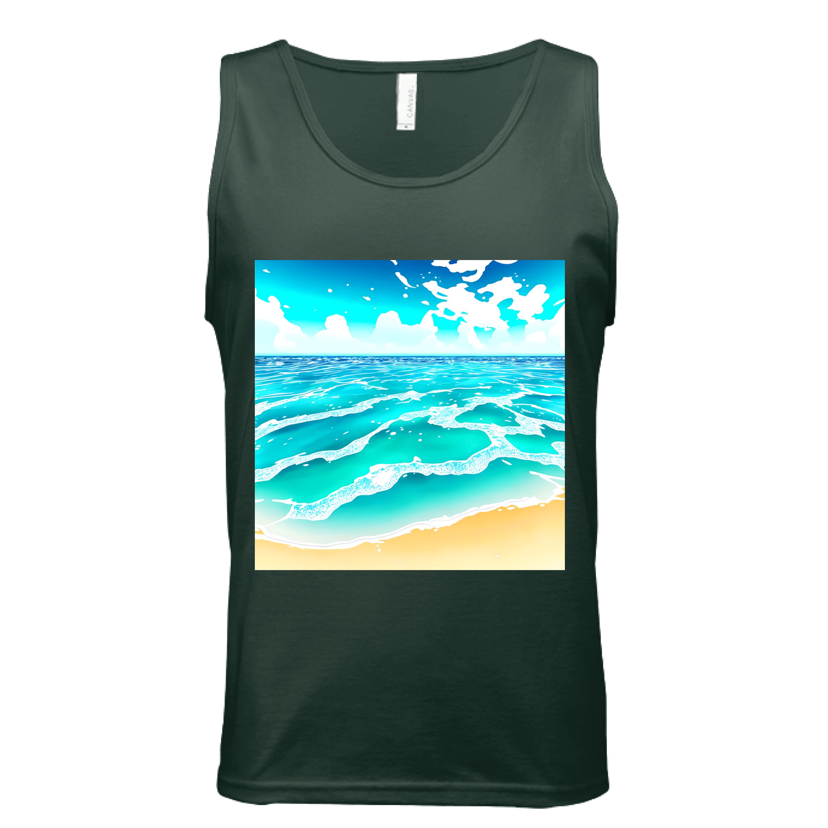 This is the Forest Beach Life Tank by Lee Hansheng Studios. This showcases the front of the tank. The squared illustration captures rolling turquoise waves, crisp white foam, and a stretch of golden sand under a brilliant blue sky that has clouds floating in the horizon. The sky is a gradient from light blue to darker blue. The tank is against a white background.