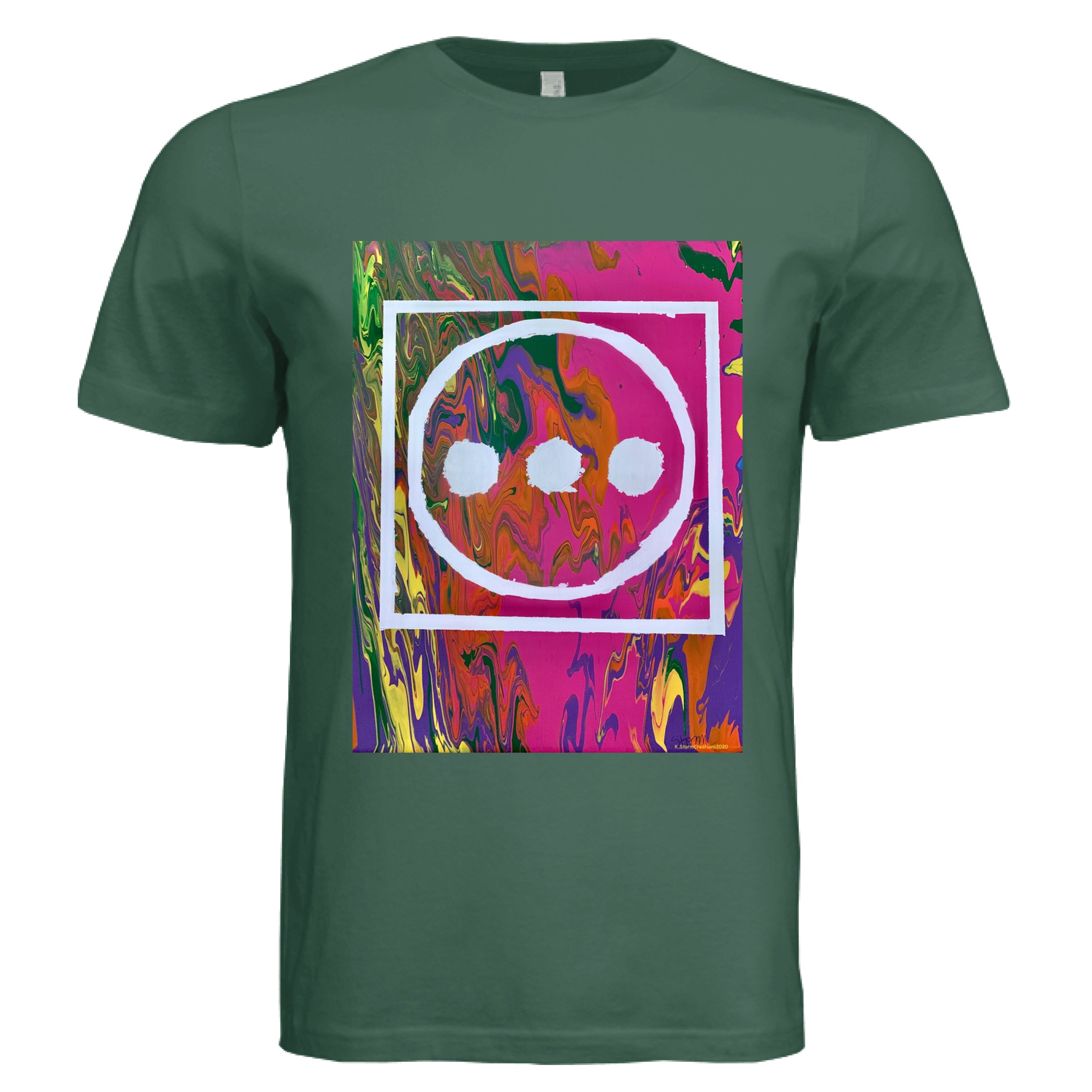 This is the Forest High T-Shirt by Storm Garden Studio. This image is showcasing the front of the shirt. The illustration is vibrant with pink, orange, yellow, green and purple colors in the background with "...", outlined circle and outline square in white. It is against a white background.