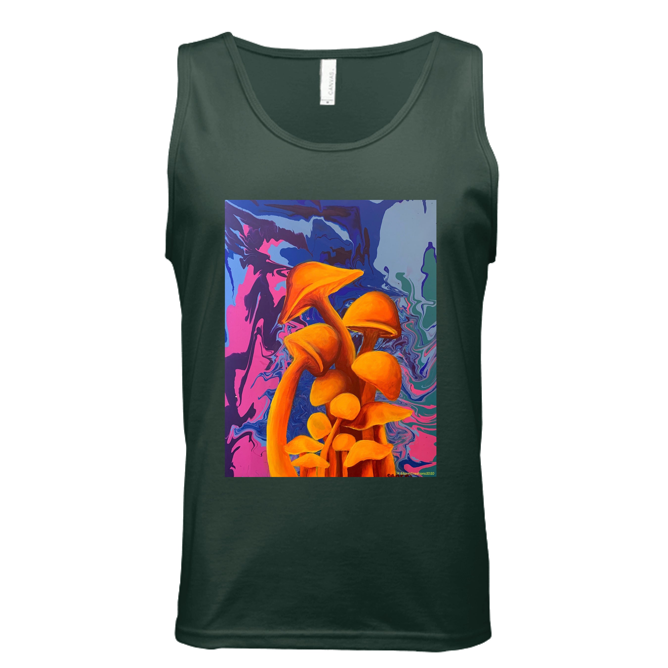 This is the Forest Mushroom Tank by Storm Garden Studio. This is showcasing the front of the tank. There are two drawstrings on the hood and a large pouch under the illustration. The illustration is of 11 blazing orange fungis with a swirling background that includes blue, green, dark blue, purple and pink colors. The mushrooms are different shapes and sizes starting form the middle and reaching towards the top. It is against a white background.