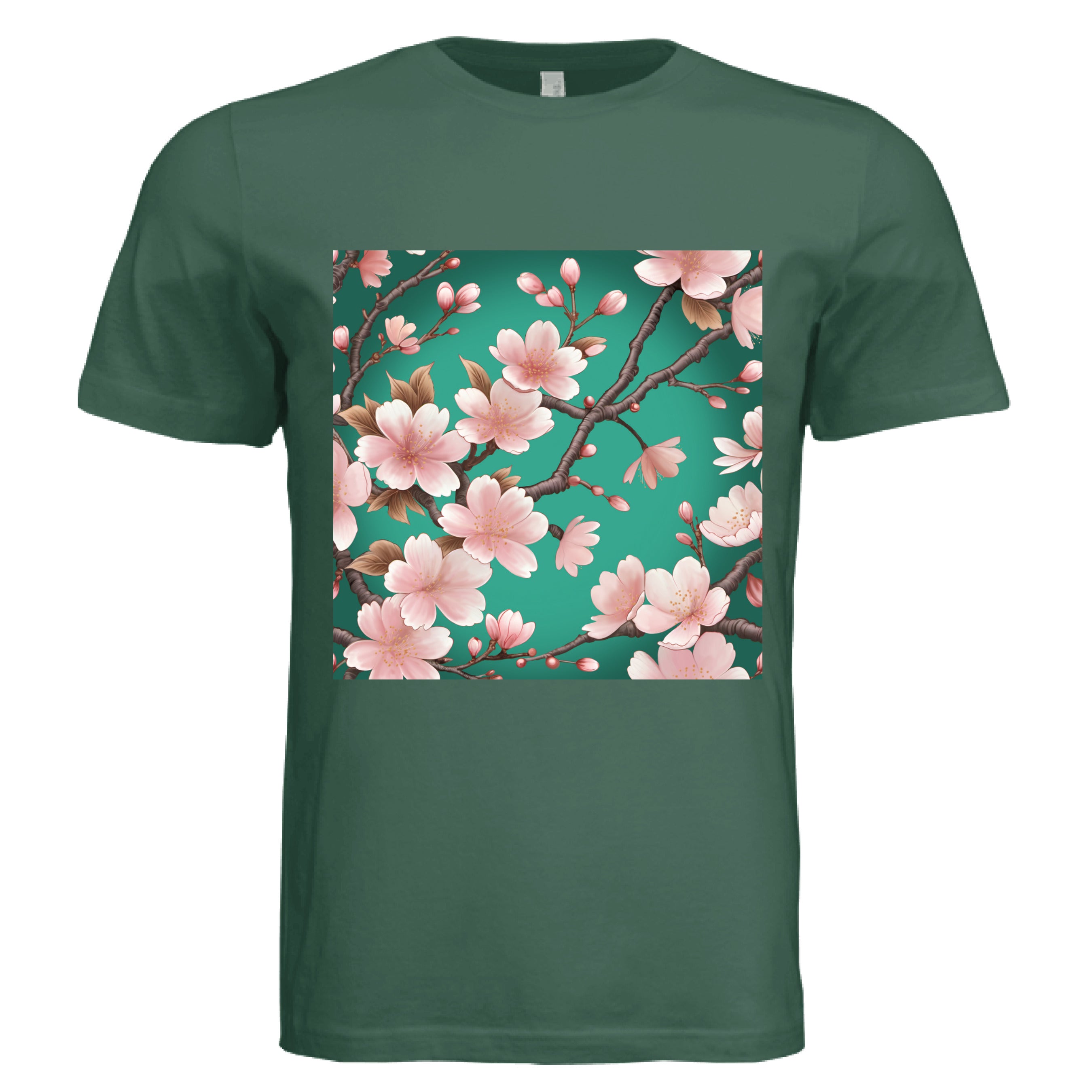 This is the Forest Sakura T-Shirt by Lee Hansheng Studios. This is showcasing the front of the shirt. The illustration has a vibrant green background with soft pink cherry blossom blooms of petals on dark brown/grey branches celebrating hanami season. There are fully bloomed flowers and some buds throughout. The white size tag can be seen from the back. The image is from the chest to above the belly button. It is against a white background.