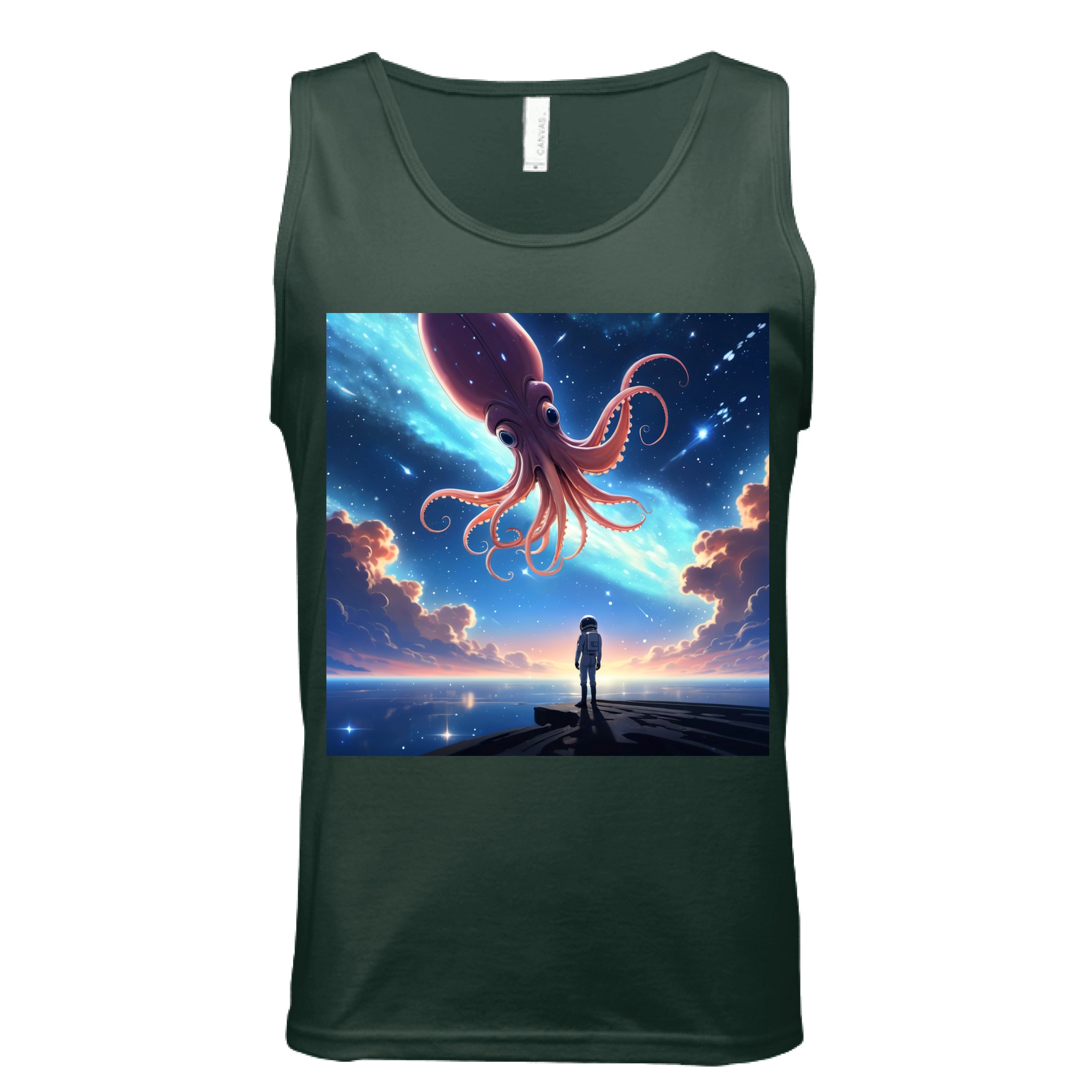 This is the Forest Star Maker Tank by Lee Hansheng Studios. This is showcasing the front. The illustration features a lone astronaut in white, standing on a dark surface gazing at a pink octo-squid alien, drifting through a sky. The sky is alive with stars, nebulae, and clouds. The clouds are drifting up at the right and left with pink/blue hues. The sky is a light blue and the drifting stars behind the animal is a light blue. It is against a white background.