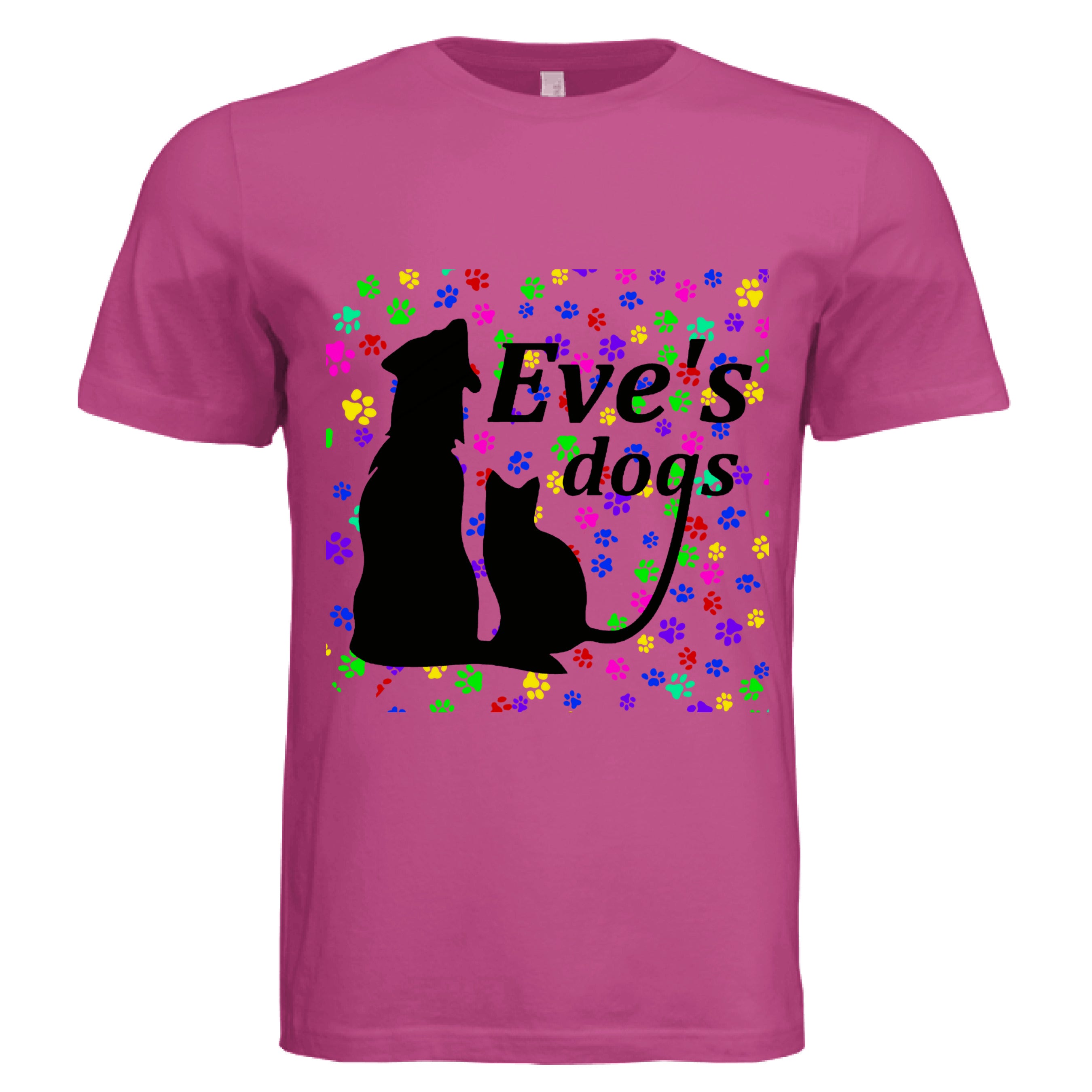 This is the Fuchsia Paws on Paws Adopt Eve's Dogs T-Shirt to help raise awareness and adopt. This is showcasing the front of the shirt. There is an image of their logo which is in black writing of "Eve's Dogs". The "g" connects to the tail of the cat who is sitting next to the dog. Both are black shadows. The background is colorful paw prints which is bright green, blue pink, yellow and red. The white size label can be seen at the inside of the shirt. It is against a white background.