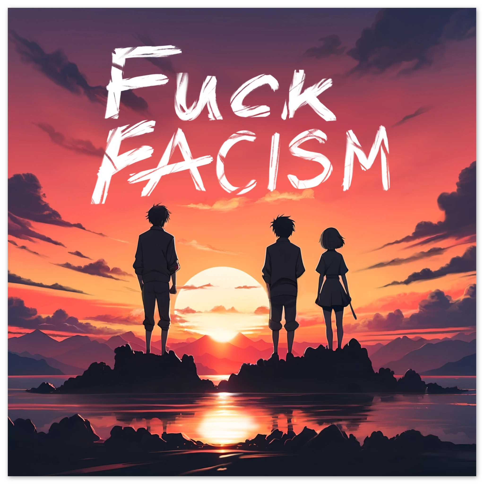 This is the 10" x 10" Fuck Fascism Poster by Lee Hansheng Studios. The illustration has a blazing yellow/red sunset sky, three figures, two guys, one lady stand united, their silhouettes facing towards the sunset on rocky land floating in the middle of the water. The words in white, "FUCK FACISM" near the top. Clouds surrounding the right and left of the poster.