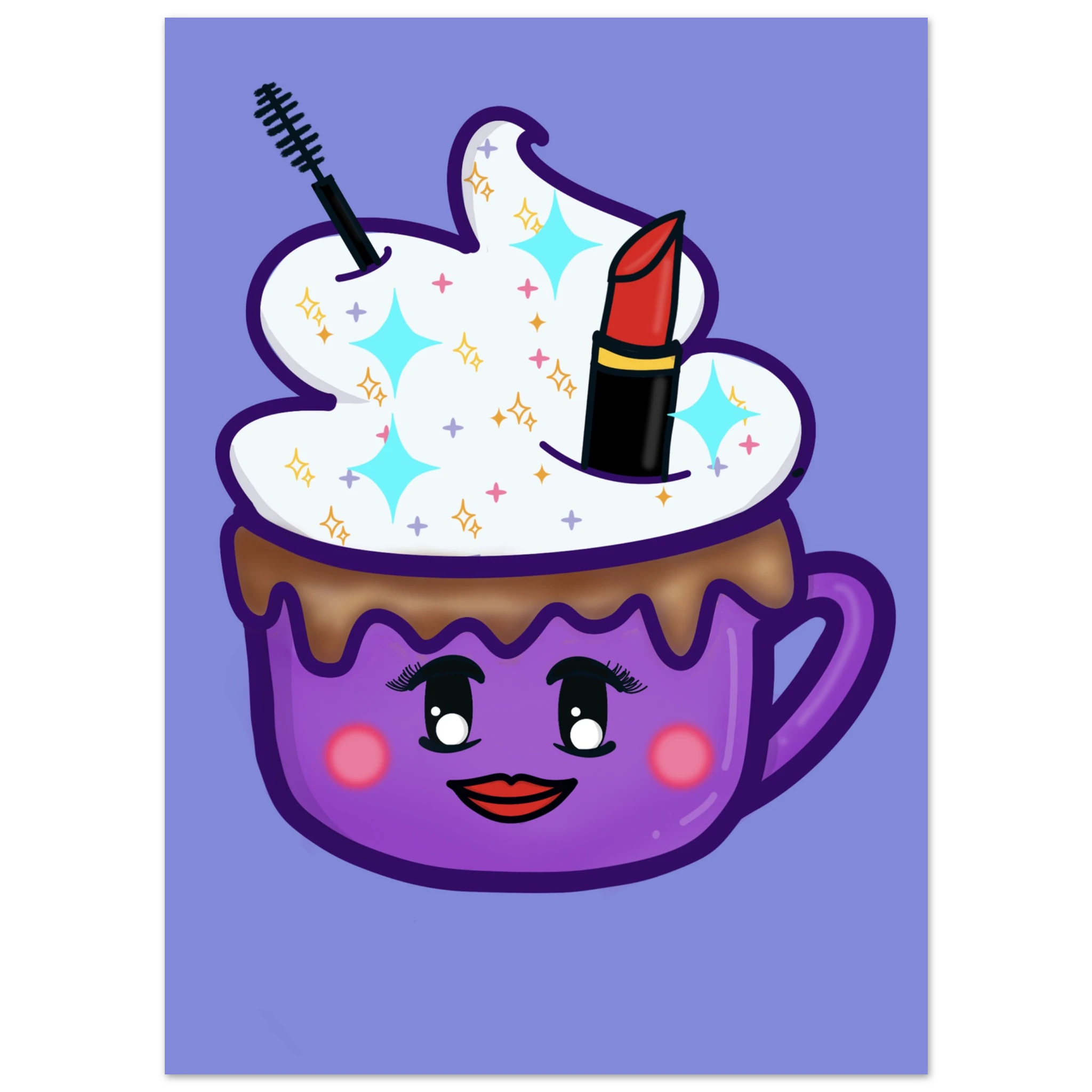 This is the Girly Cocoa print by Dazzle & Daggers Design. This is an illustration with a cartoon dark purple cup that has a face, red lips, round rosy pink cheeks, large eyes with mascara on. The cup is topped with sparkly blue, yellow, pink, purple toppings, white whipped cream, red lipstick, and mascara on a llight purple background.