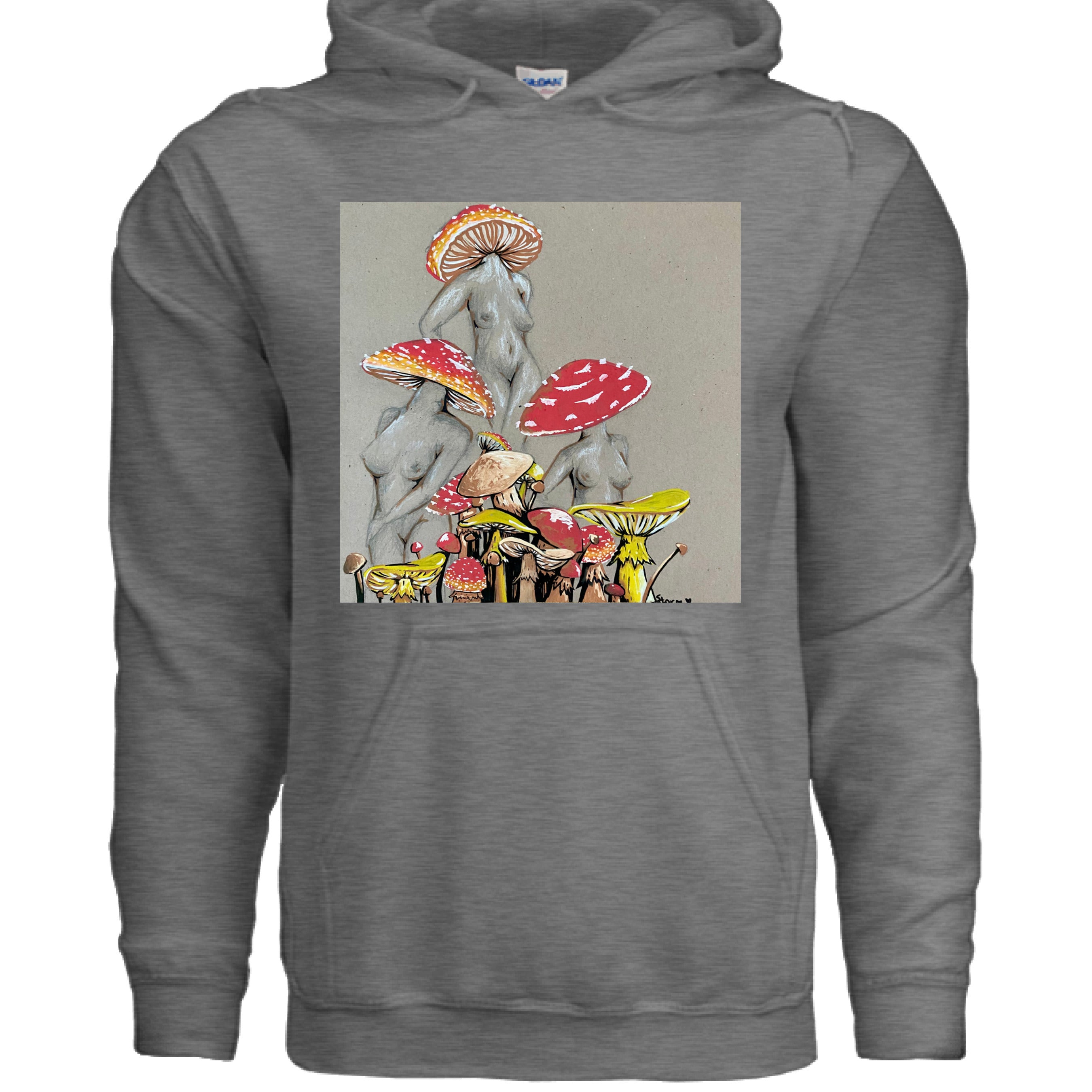 This is the Graphite Heather Miss Amanita Hoodie by Storm Garden Studio. This is showcasing the front. This illustration is on tan/grey background. There are three fusions of female human anatomy and mushroom fungi. Their heads are different styles of mushrooms, bodies are a gray/white outlined in brown. Below are different mushrooms and shapes with a mix of tan, red, white and yellow colors. The pouch is right under the image and drawstrings on the hoodie. It is against a white background.