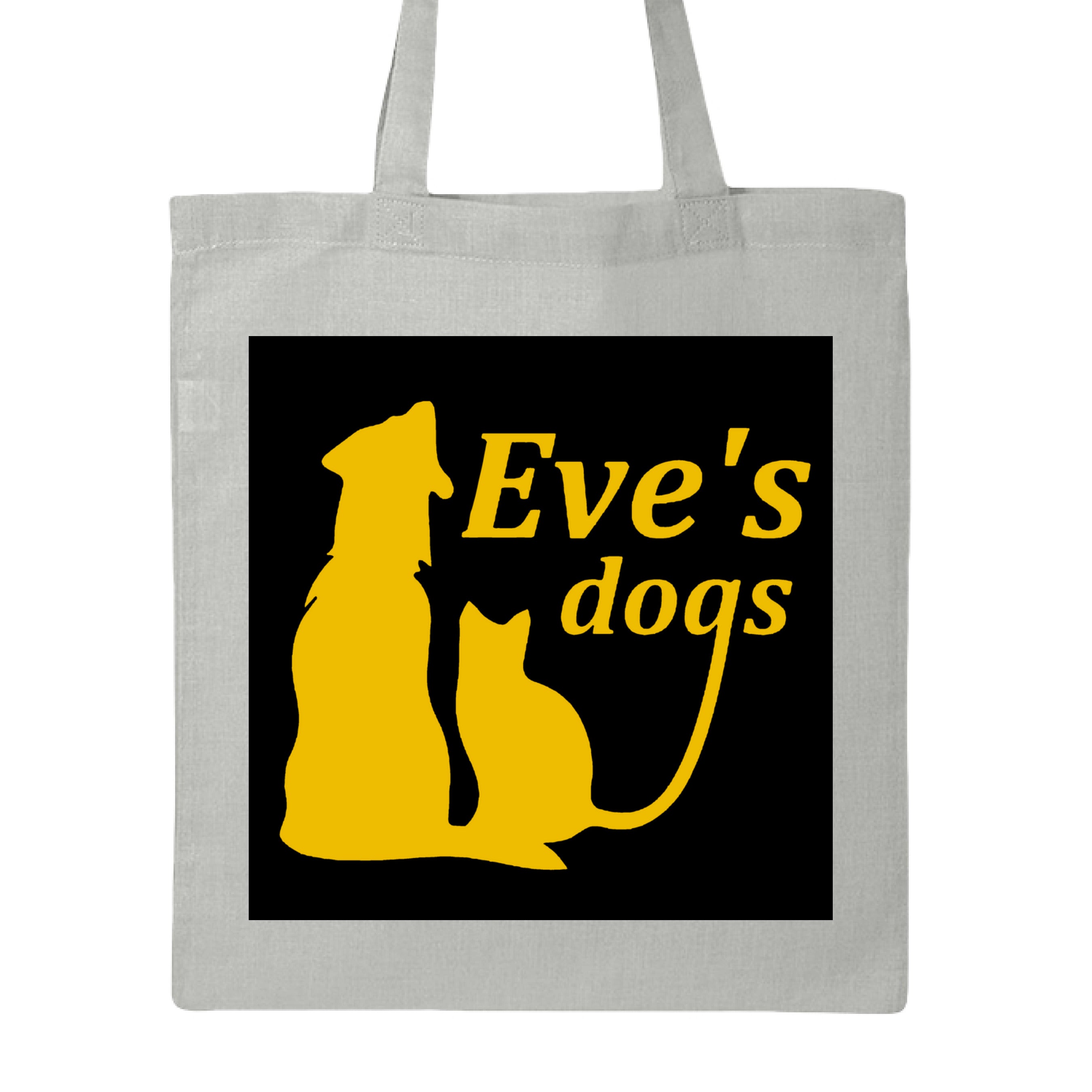 This is the Grey Adopt Eve's Dogs Canvas Tote to help raise awareness and adopt. This is showcasing the front of the tote. There is an image of their logo which the background is black, yellow writing of "Eve's Dogs". The "g" connects to the tail of the cat who is sitting next to the dog. Both are yellow shadows. The tote is against a white background.