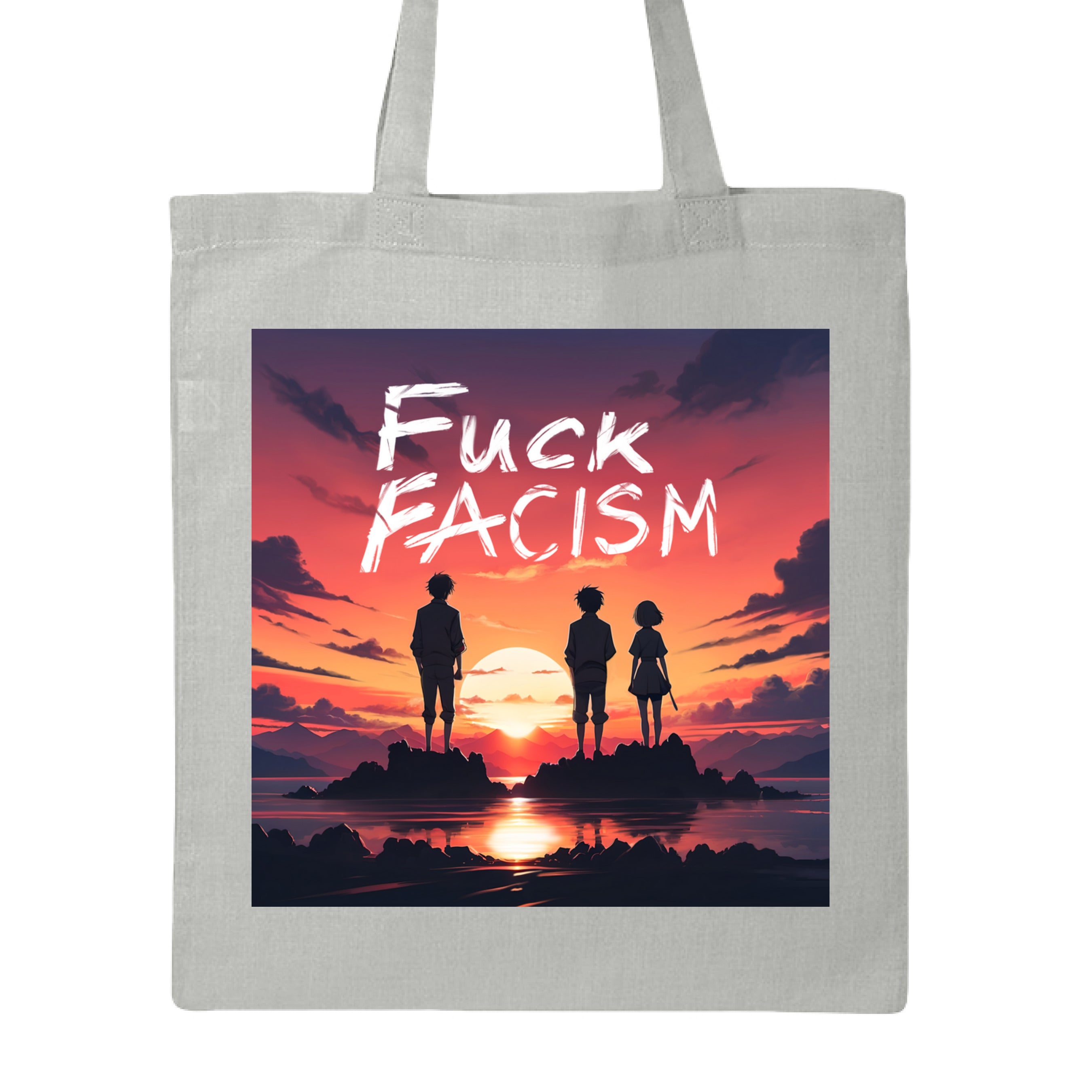 This is the Grey Fuck Fascism Canvas Tote by Lee Hansheng Studios. This is showcasing the front of the tote. The image is squared. The illustration has a blazing yellow/red sunset sky, three figures, two guys, one lady stand united, their silhouettes facing towards the sunset on rocky land floating in the middle of the water. The words in white, "FUCK FACISM" near the top. Clouds surrounding the right and left of the image. It is against a white background.