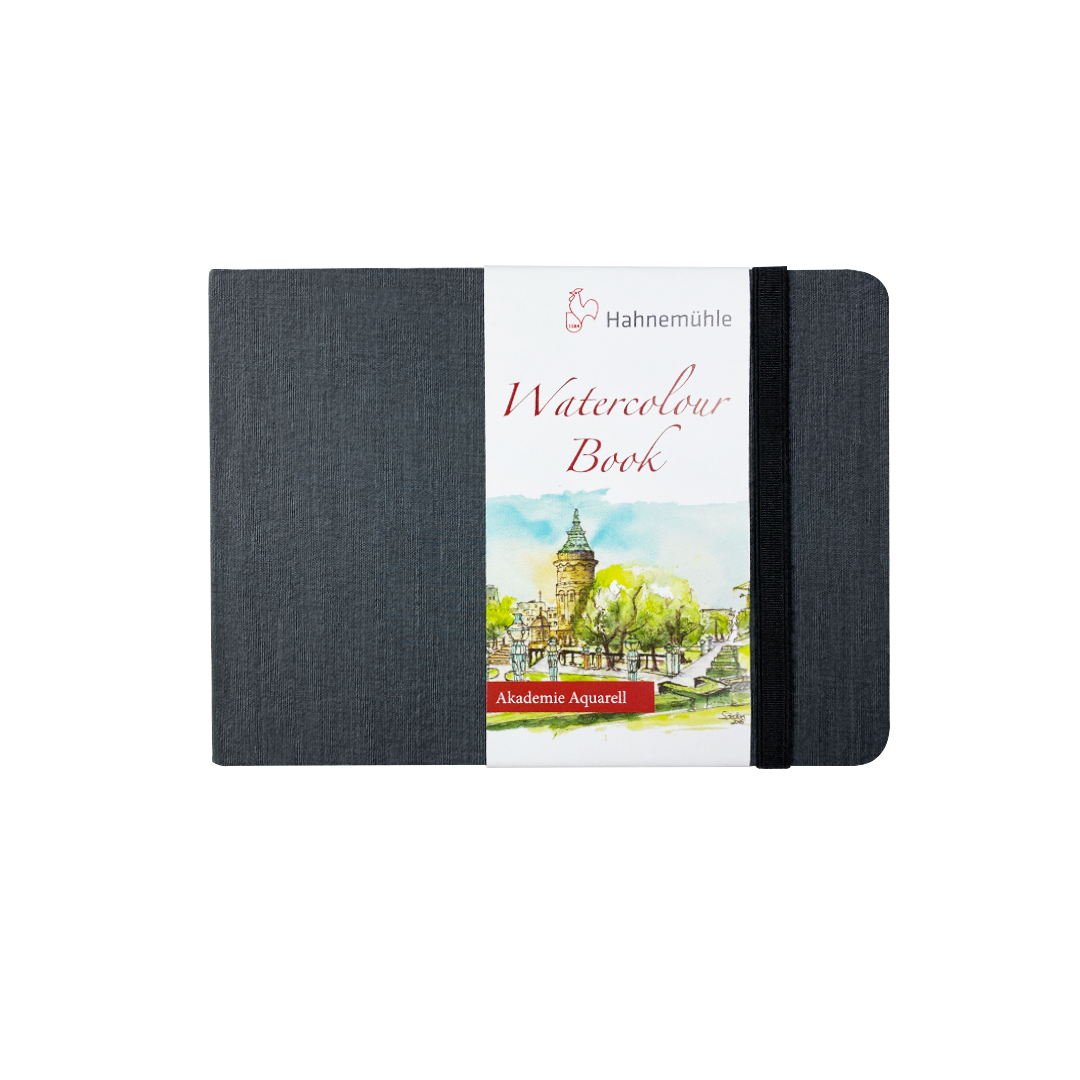 This is the Hahnemuhie A6 Watercolor Book that contains 30 shees of paper. There is a gray/black grained effect hard cover and band to secure it. It is against a white background.