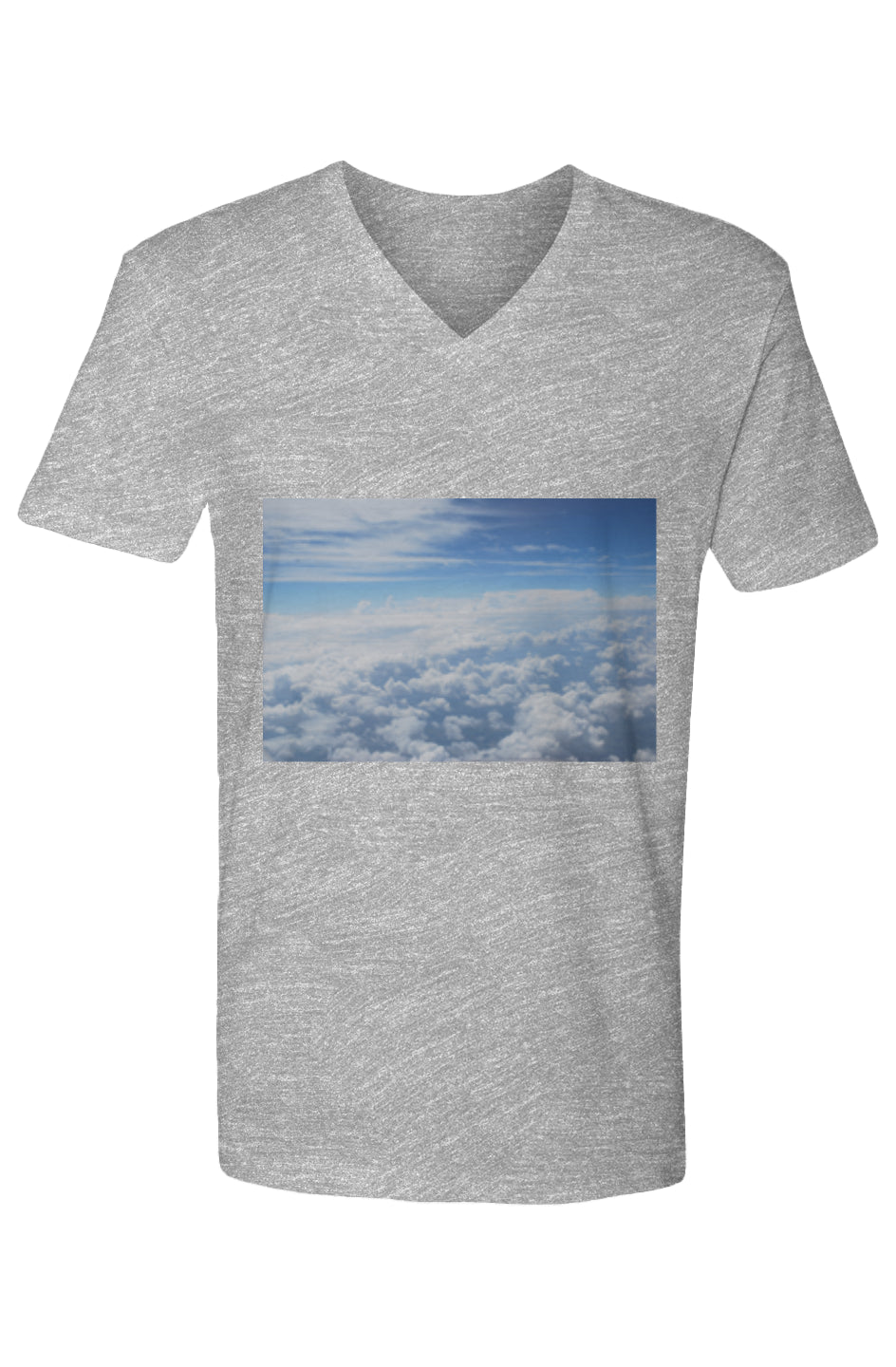 This is the Heather Grey Above the Clouds V-Neck T-Shirt by Lee Hansheng Studios. The rectangular stunning photograph of clouds captured from 36,000 feet above the earth, a breathtaking perspective that showcases the soft, ethereal beauty of the horizon. It is bright blue, dark blue, fluffs and streaks of clouds on the shirt. The shirt is against a white background.