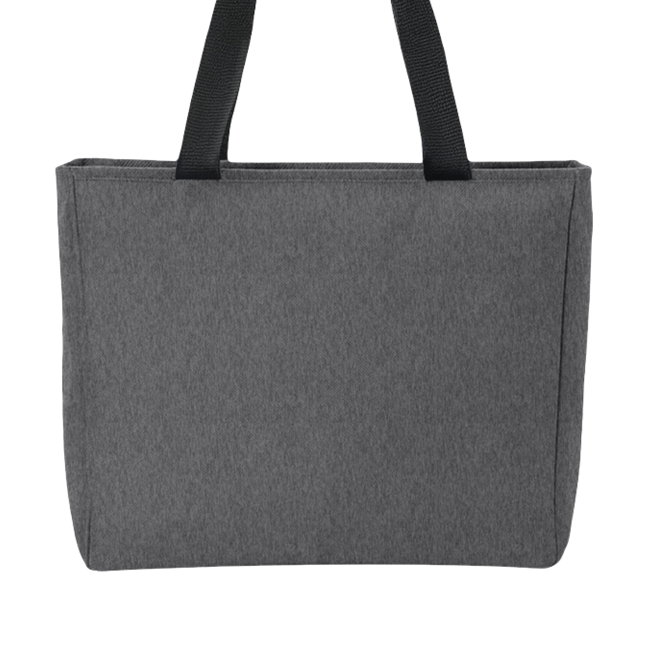 This is the Heather Grey Piggy Boba Zip Tote by Dazzle & Daggers Design. This is showcasing the back of the tote. The handles of the tote are black. There are no images or illustrations. It is against a white background.