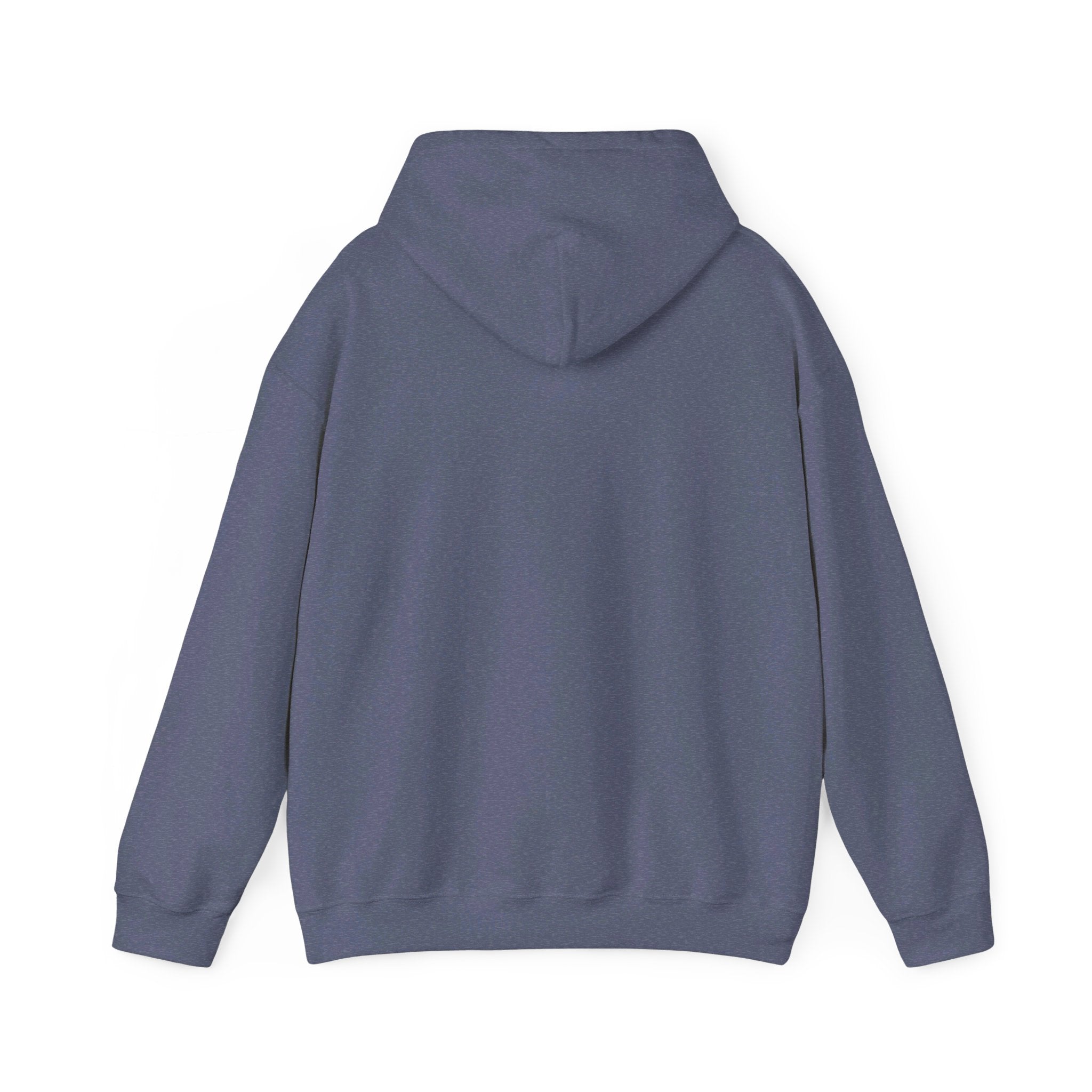 This is the Heather Navy Emotionless Heavy Blend Hoodie by Lee Hansheng Studios. This is the image of the hoodie from the back with the hood down. There is no illustration but there is hemming on the waists and hoodie. The image is against a white background.