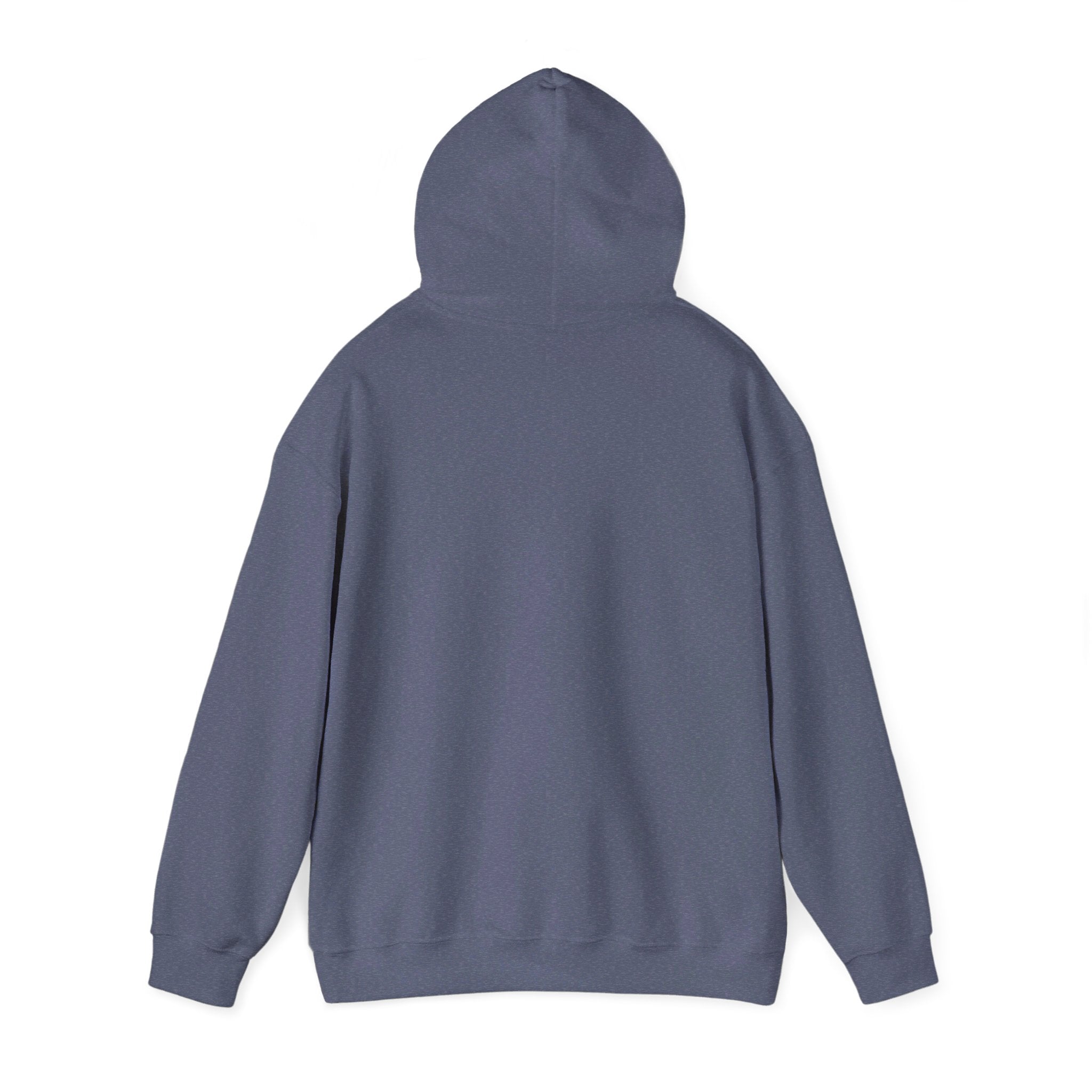This is the Heather Navy Emotionless Heavy Blend Hoodie by Lee Hansheng Studios. This is the image of the hoodie from the back with the hood up. There is no illustration but there is hemming on the waists and hoodie. The image is against a white background.