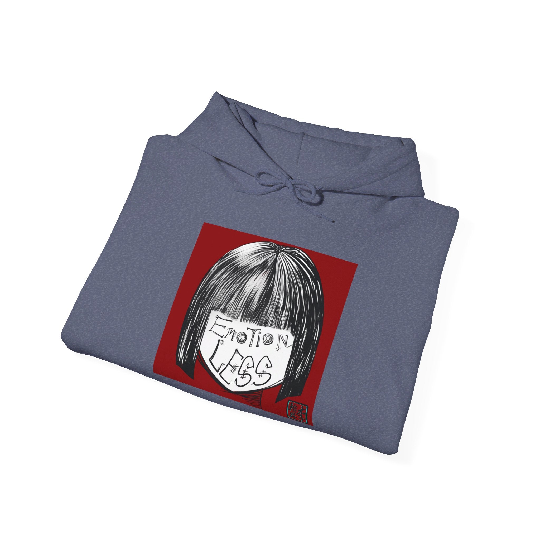 This is the Heather Navy Emotionless Heavy Blend Hoodie by Lee Hansheng Studios. This is the image of the hoodie folded, drawstring in a bowtie that is colormatched. The illustration is squared in the middle, a black haired girl with bangs and her white face has the words, "Emotionless". Behind her is a red background and on the right of the illustration is the Lee Hansheng Studios logo outlined in blue. The image is against a white background.