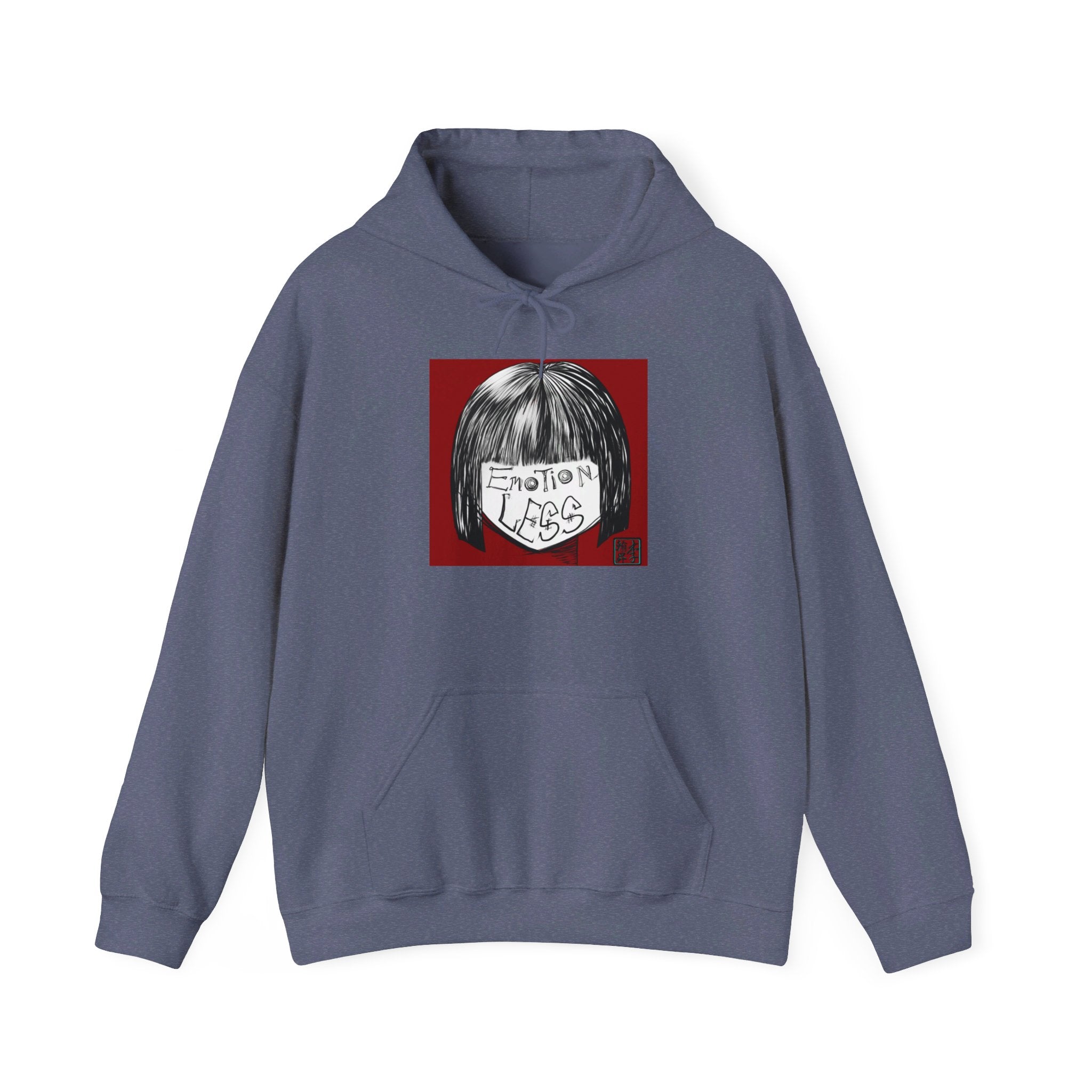 This is the Heather Navy Emotionless Heavy Blend Hoodie by Lee Hansheng Studios. This is the image of the front, drawstring in a bowtie that is colormatched. The illustration is squared in the middle, a black haired girl with bangs and her white face has the words, "Emotionless". Behind her is a red background and on the right of the illustration is the Lee Hansheng Studios logo outlined in blue. There is a kangaroo pocket, hemming on the waists and hoodie. The image is against a white background.