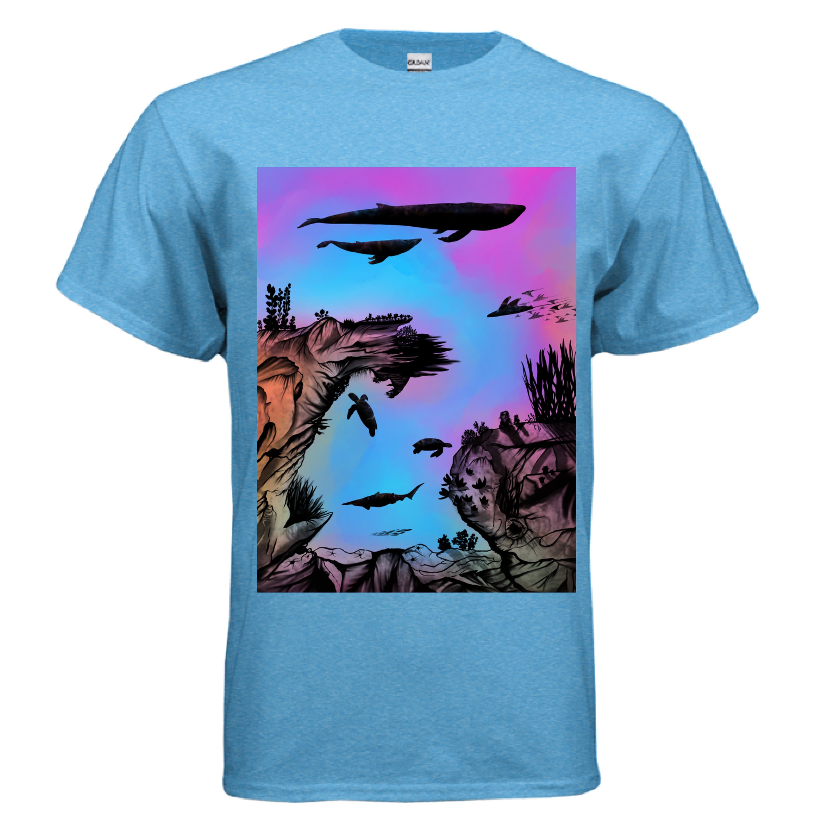 This is the Heather Sapphire Into the Abyss T-Shirt by Lee Hansheng Studios. This is showcasing the front. The illustration is of an otherworldly underwater world alive with graceful black silhouettes drifting against a luminous gradient of blues, purples, and warm tones throughout the water. To the left, right and bottom are sediment, rocks, seaweed throughout. The top has a humpback whale, another whale, below are a pool of mantis rays, two sea turtles, sea of fish. The white size label can be seen.