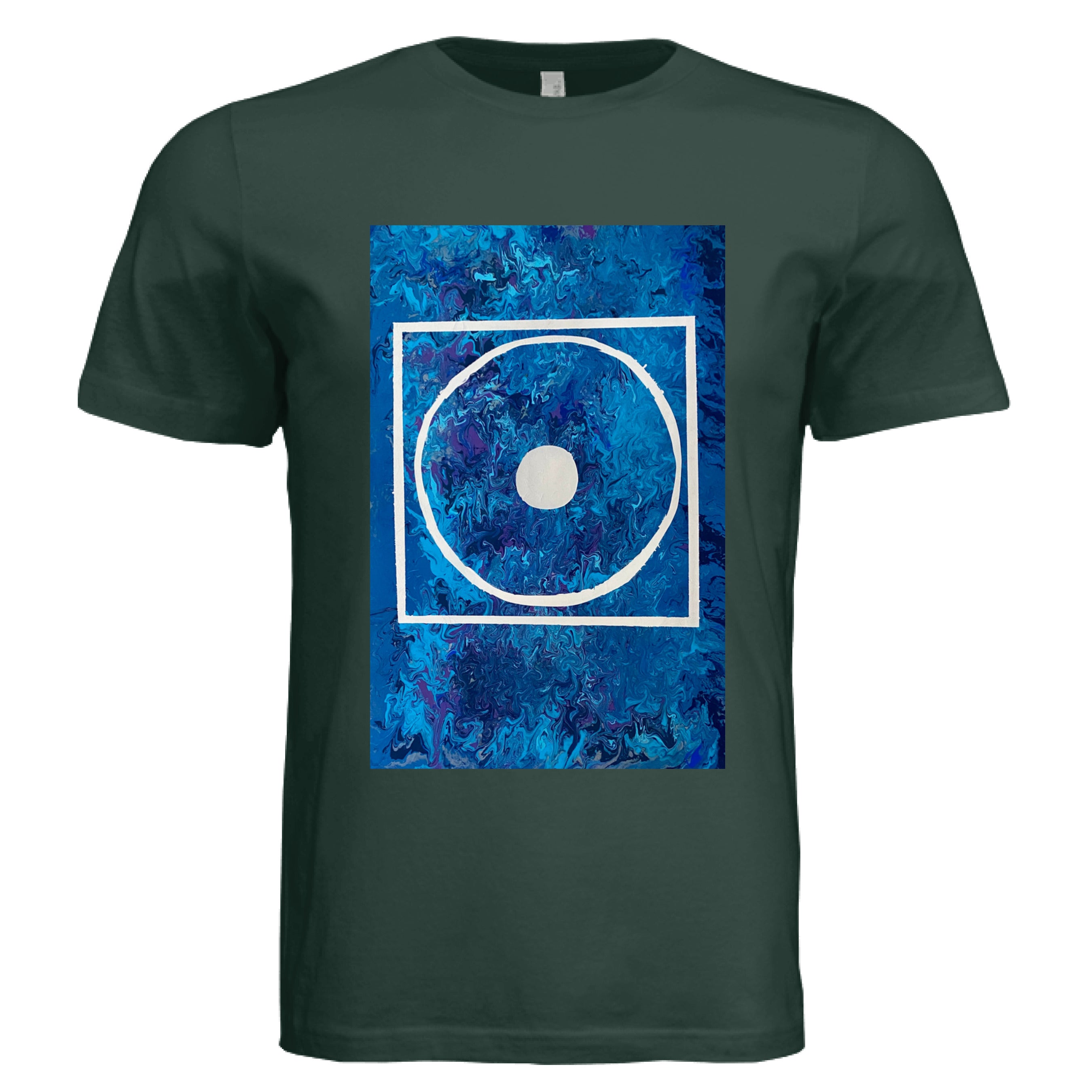 This is the Hunter Green Big Low T-Shirt by Storm Garden Studio. This is showcasing the front of the shirt. The illustration is rectangular and has a white filled in dot, within a outlined circle, within a outlined rectangle. The background is a mix and dip of different blues. The shirt is against a white background.