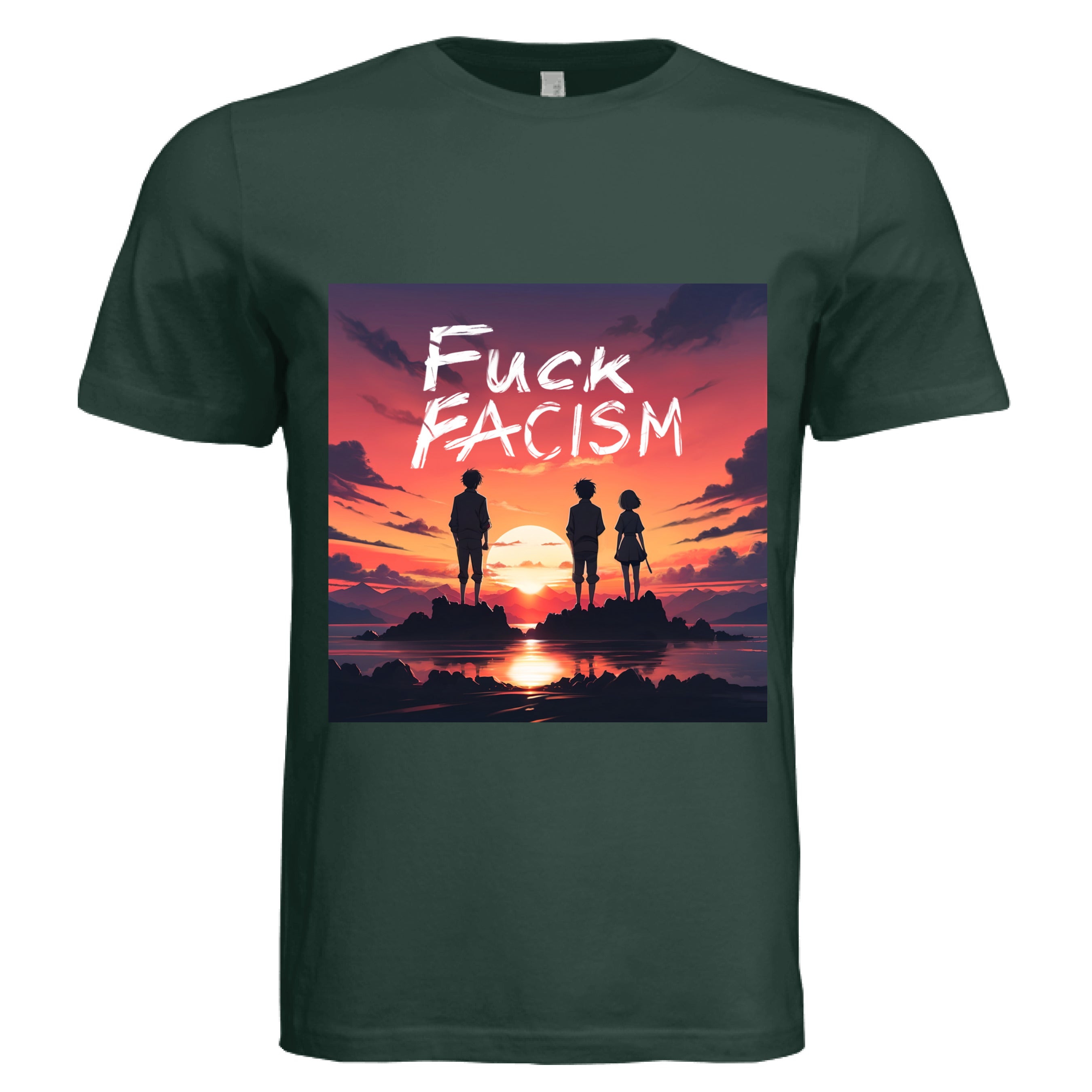 This is the Hunter Green Fuck Fascism T-Shirt by Lee Hansheng Studios. This is showcasing the front of the shirt. The illustration has a blazing yellow/red sunset sky, three figures, two guys, one lady stand united, their silhouettes facing towards the sunset on rocky land floating in the middle of the water. The words in white, "FUCK FACISM" near the top. Clouds surrounding the right and left of the shirt. The white size label can be seen from the back of the shirt. It is against a white background.