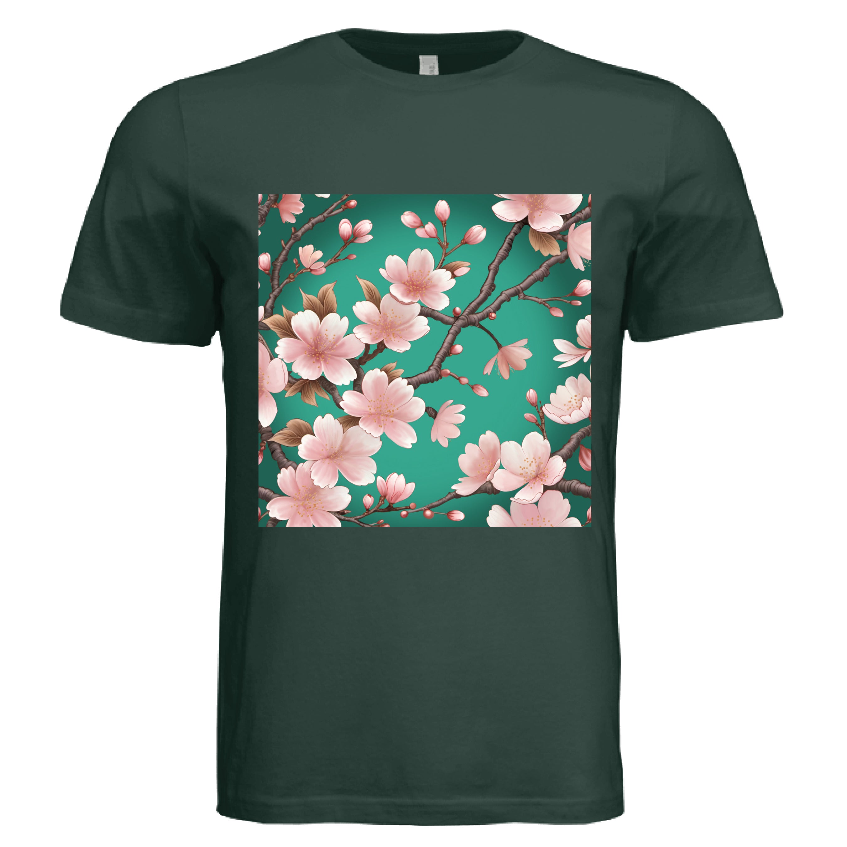 This is the Hunter Green Sakura T-Shirt by Lee Hansheng Studios. This is showcasing the front of the shirt. The illustration has a vibrant green background with soft pink cherry blossom blooms of petals on dark brown/grey branches celebrating hanami season. There are fully bloomed flowers and some buds throughout. The white size tag can be seen from the back. The image is from the chest to above the belly button. It is against a white background.