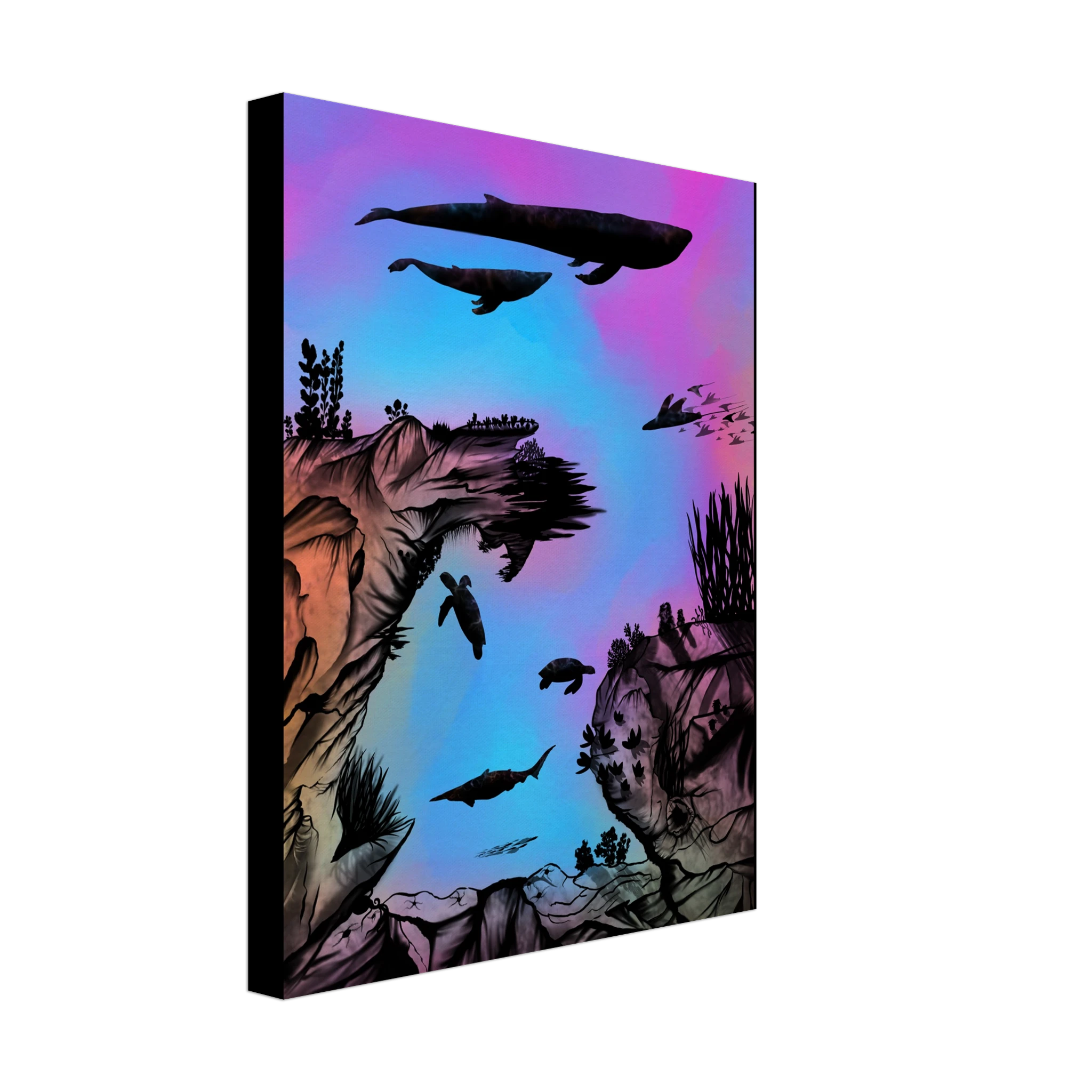 This is the 11" x 14" Into the Abyss Canvas Print by Lee Hansheng Studios. This is showcasing the print on the side to see the canvas thickness. The illustration is of an otherworldly underwater world alive with graceful black silhouettes drifting against a luminous gradient of blues, purples, and warm tones throughout the water. To the left, right and bottom are sediment, rocks, seaweed throughout. The top has a humpback whale, another whale, below are a pool of mantis rays, two sea turtles, sea of fish.
