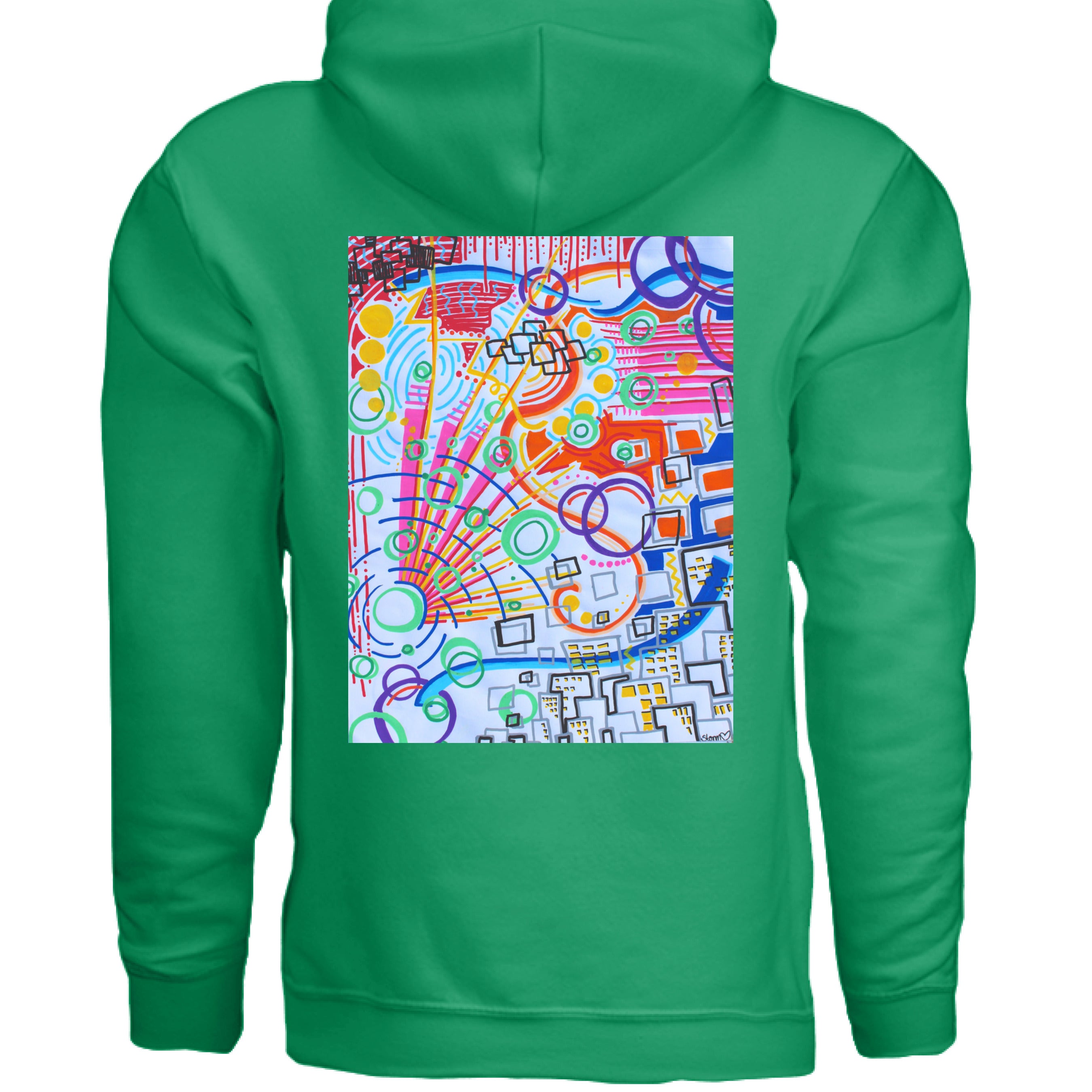 This is the Irish Green The City by Storm Garden Studio. This image is showcasing the front of the hoodie. There are two drawstrings attached to the hood with a large pouch from the middle to the bottom. On the left breast pocket is the image of the studio logo. The logo is a plant that has two leaves, one of the leaves is bitten with a spiderweb and spider on the it. The flower of the plant is a lightbulb. The logo is all in black and against a white background.