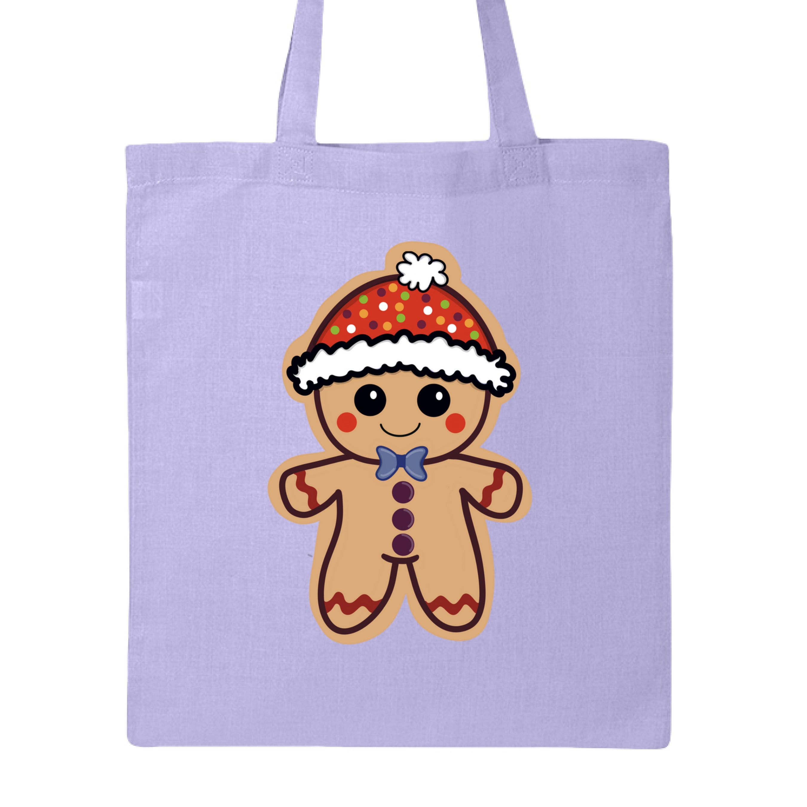This is the Lavender Ginger Bread, Ginger Dead Canvas Tote by Dazzle & Daggers Design. This is showcasing the front of the tote. The illustration is of a tan ginger bread who is smiling, red circular cheeks, red zigzags on arm and legs. The gingerbread man is wearing a polka dotted hat with a white puff and lining around the hat. The polka dots are green, blue, purple white and orange. It is against a white background.