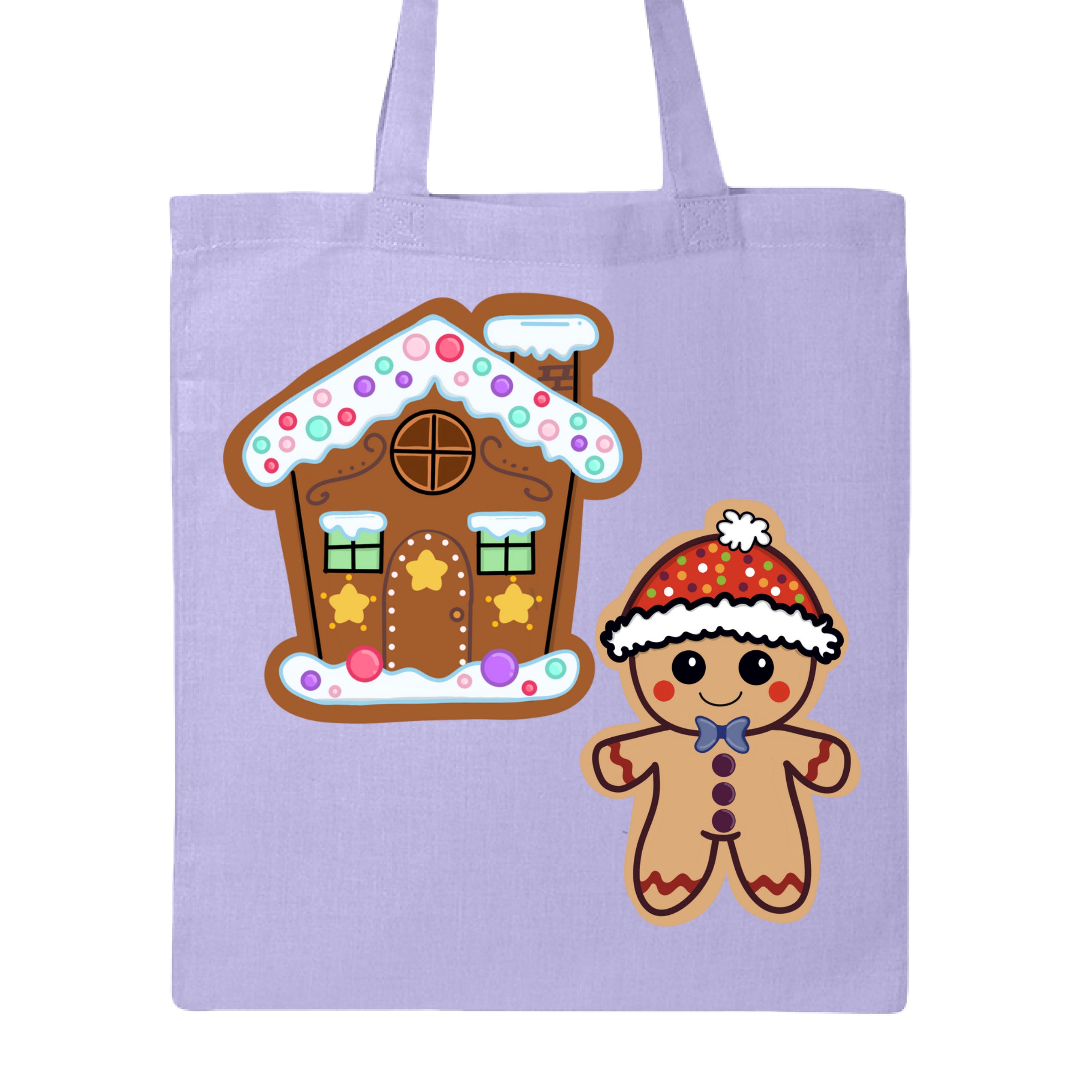 This is the Lavender Ginger Home Canvas Tote by Dazzle & Daggers Design.Showcasing the front of the tote.One is a Alar cheeks,red zigzags on arm and legs.Gingerbread man is wearing a polka dotted hat w/a white puff and lining around the hat.The polka dots are green,blue,purple,white and orange.Gingerbread house is dark brown w/two green glass windows,yellow stars,intricate designed window,snow on the chimney,below the house/roof is spotted snow in red,green,yellow and orange.