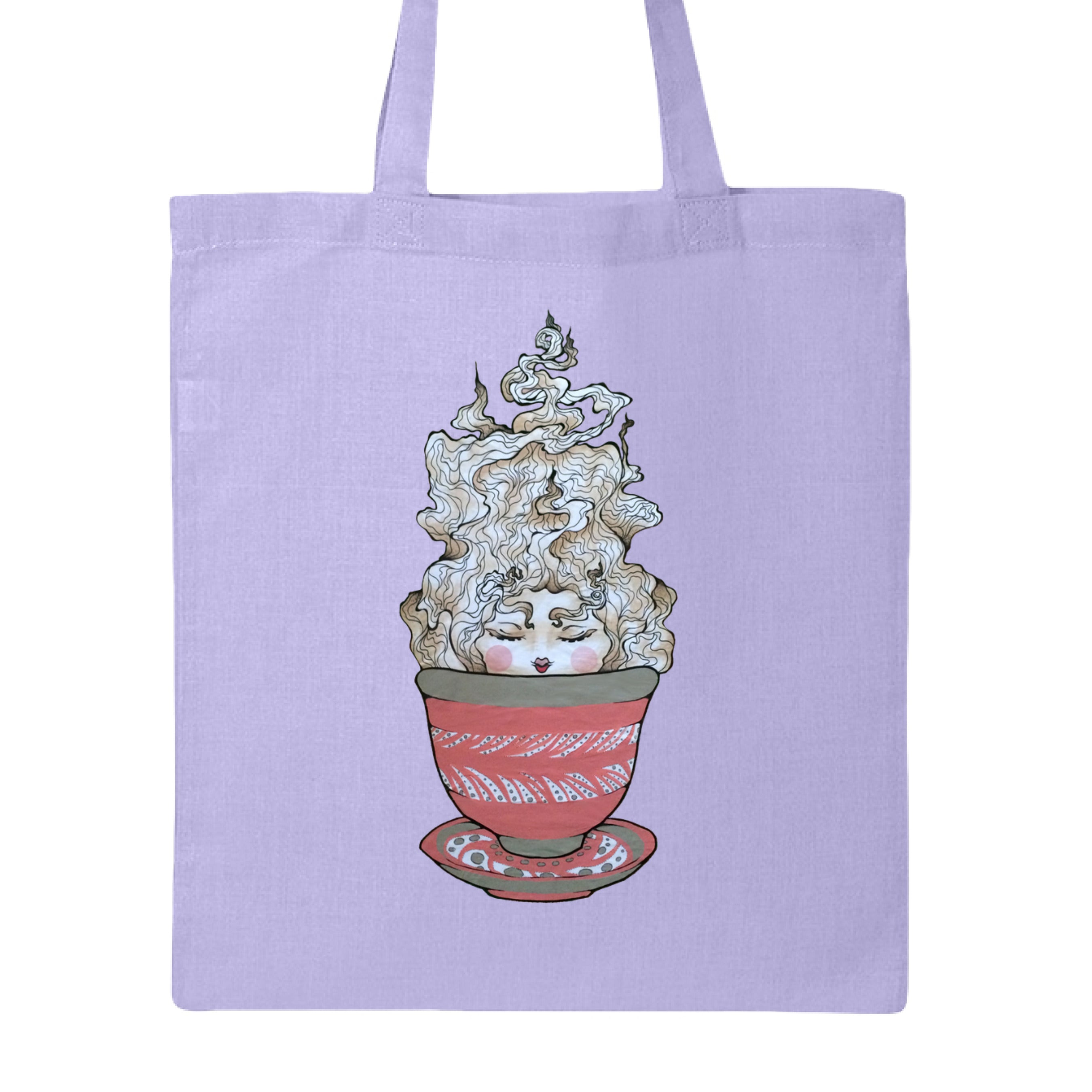 This is the Lavender Green Tea Canvas Tote by Chris Foster Design. This is showcasing the front of the tote. The illustration is a tea sprite. There's a woman's face with curly hair/steam that is white and tan/beige inside an intricately designed pink/red teacup with a saucer that has white and black dashes or swirl patterns. The tote is against a white background.