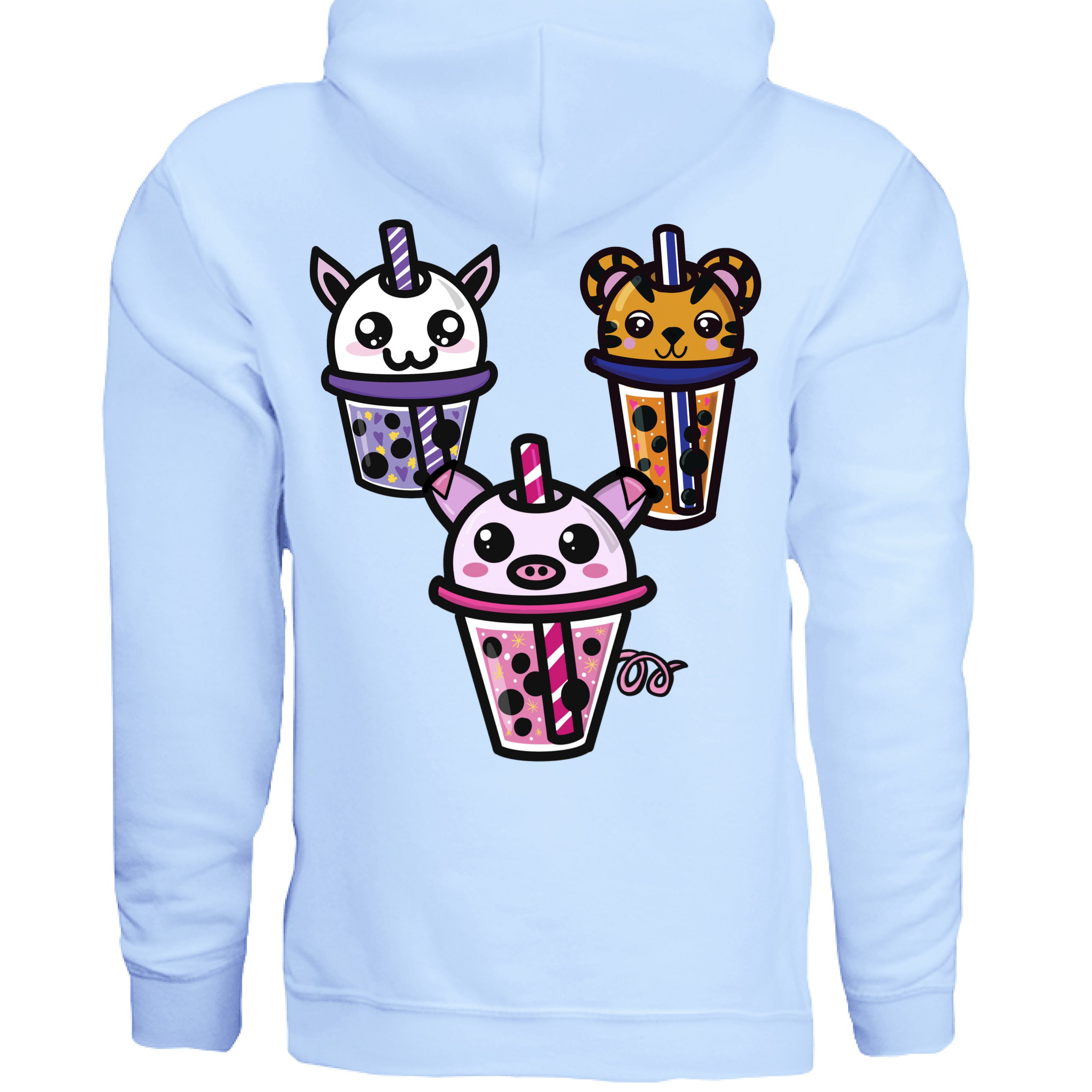 This is the Light Blue Boba Friends Hoodie by Dazzle & Daggers Design.This is the back,three kawaii designs.The Piggy Boba is pink all over and the glass has pink liquid, boba, yellow sparkles,white dots and peppermint swirl like.Thai Tea Tiger is orange,orange liquid,black boba,white dots,red hearts,blue and white striped straw.The Cryptid Boba is white, urple and white swirl straw,purple liquid,black boba,yellow stars and purple hearts.The hood with drawstrings and large pocket below the design.